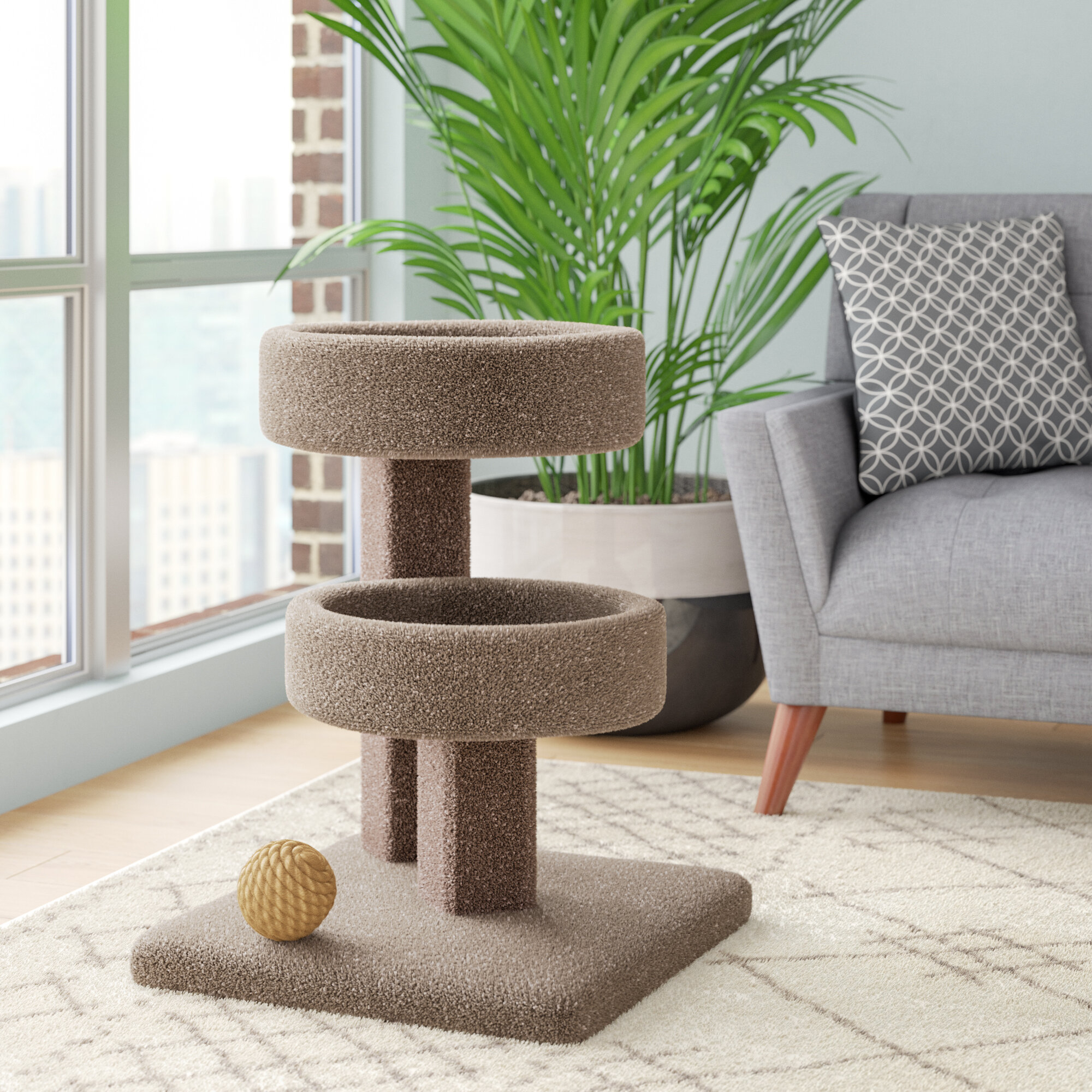 Beige Polyester Carpet Double Cat Condo