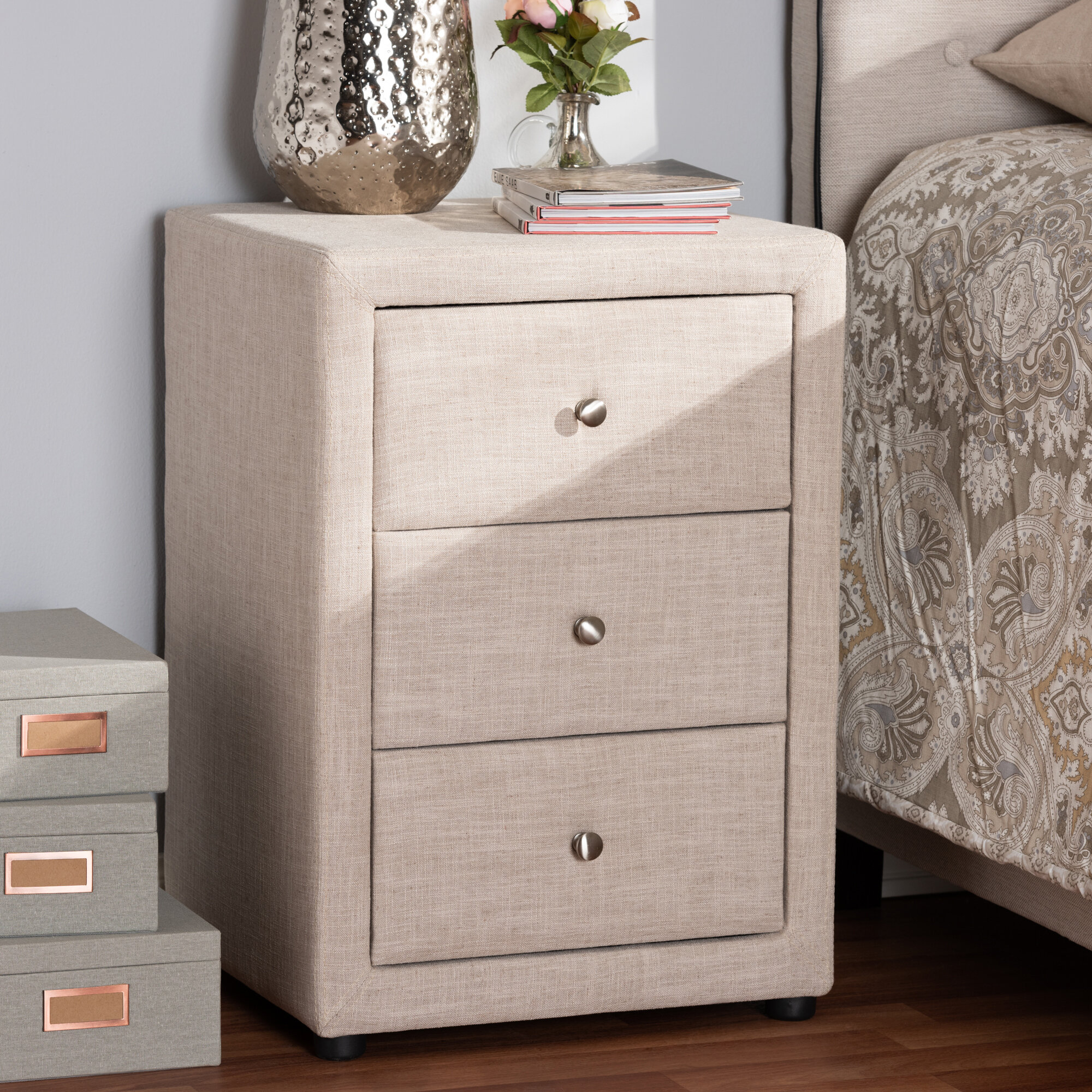 Beige Polyester Manufactured Wood Nightstand