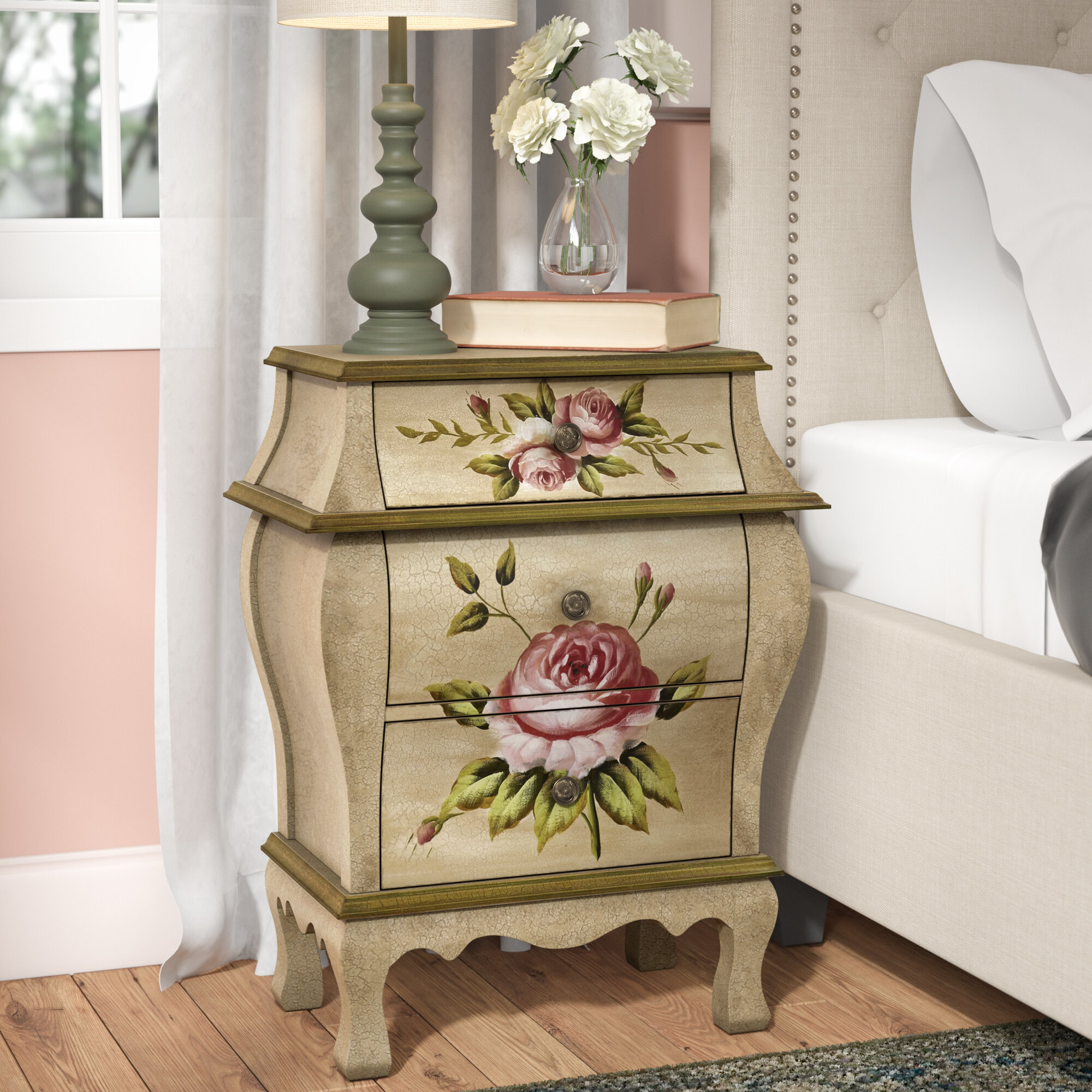 Beige Solid Manufactured Wood French Country Nightstand