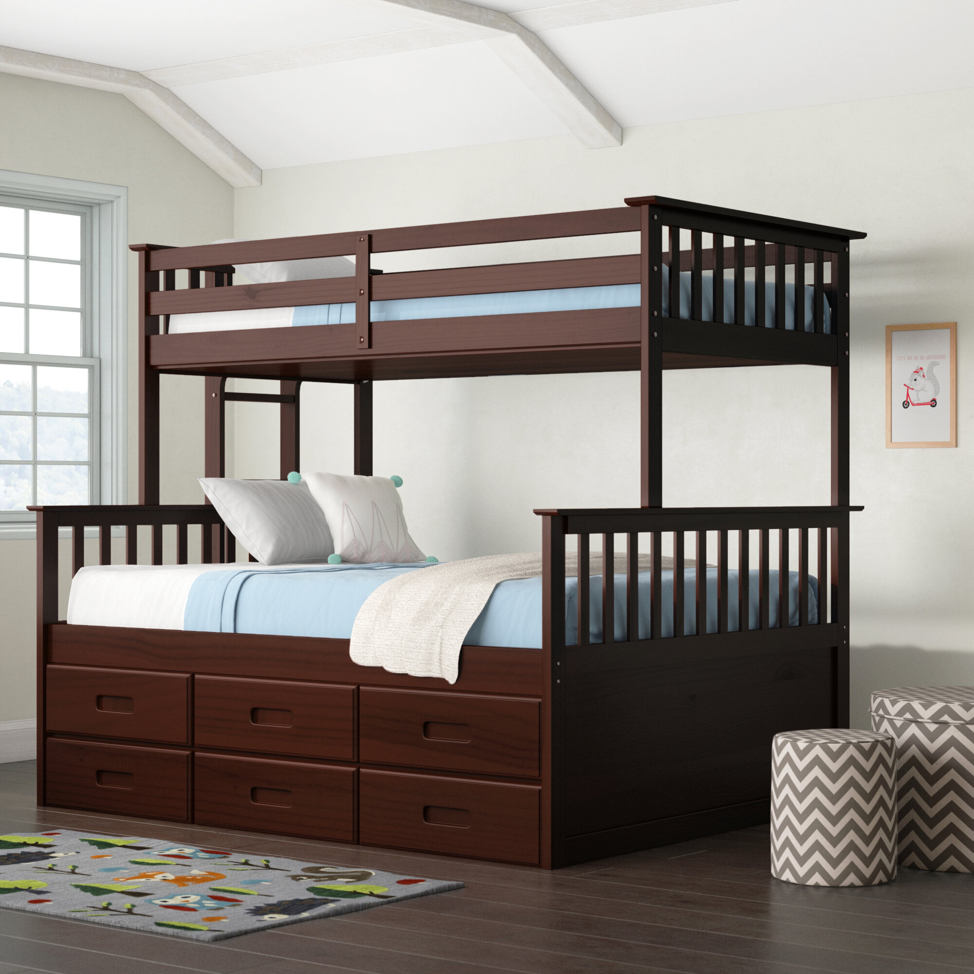 Birch Wood Bunk Bed With Trundle