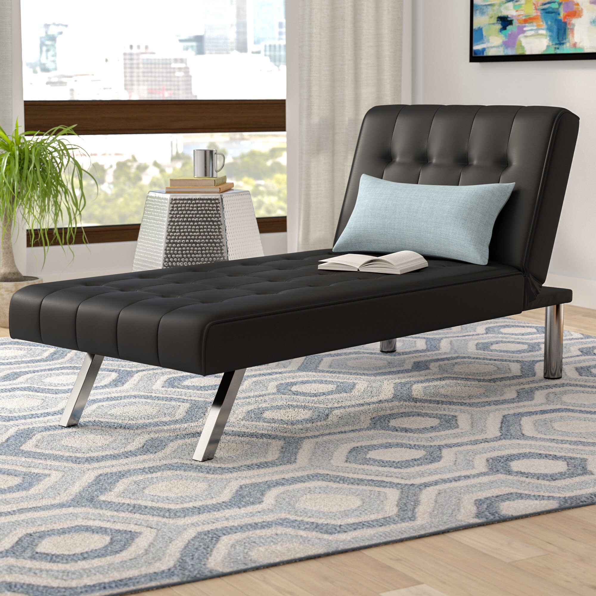 Black Faux Leather Chrome Chaise Lounge