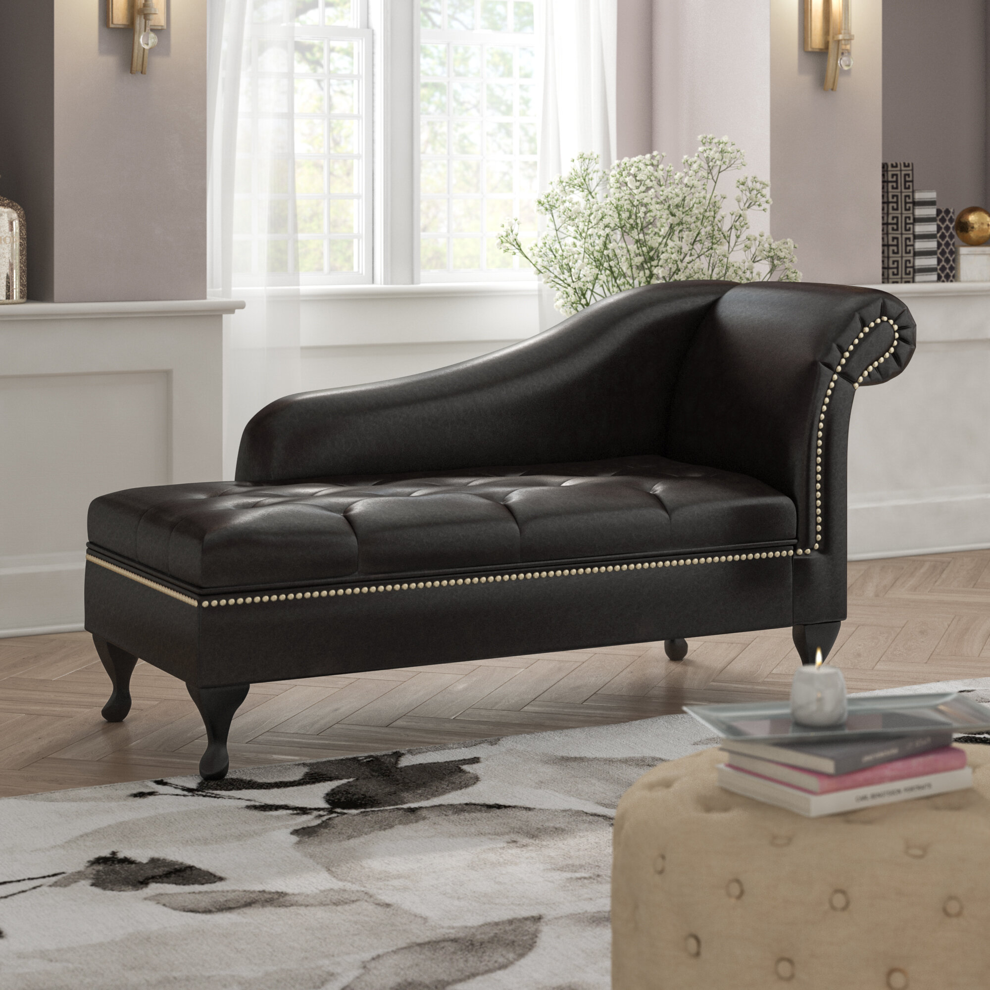 Black Faux Leather Rubberwood Chaise Lounge