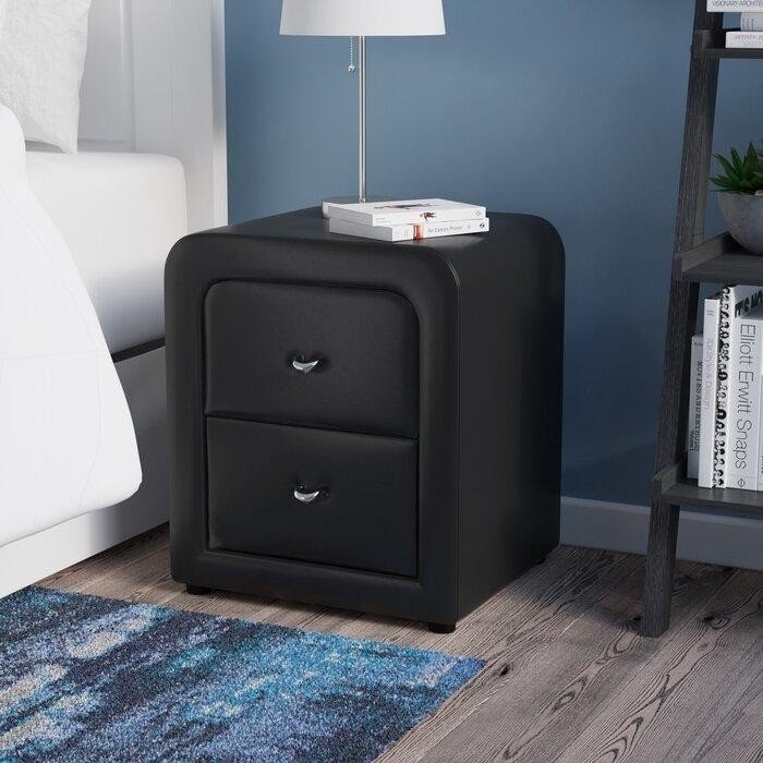 Black Faux Leather Wood Nightstand