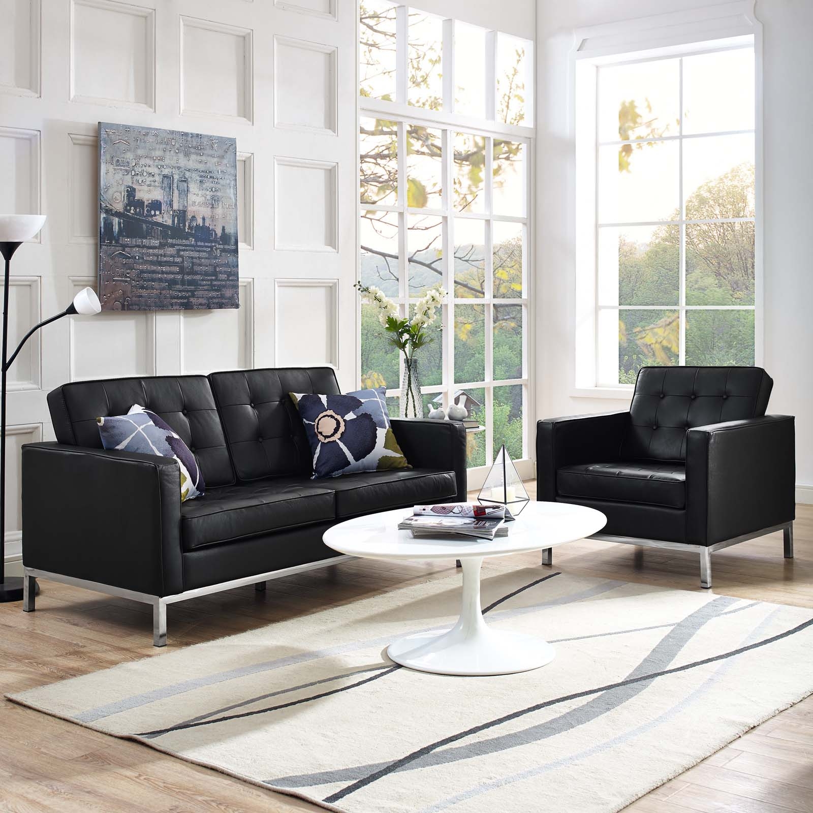 Black Genuine Leather Living Room Set