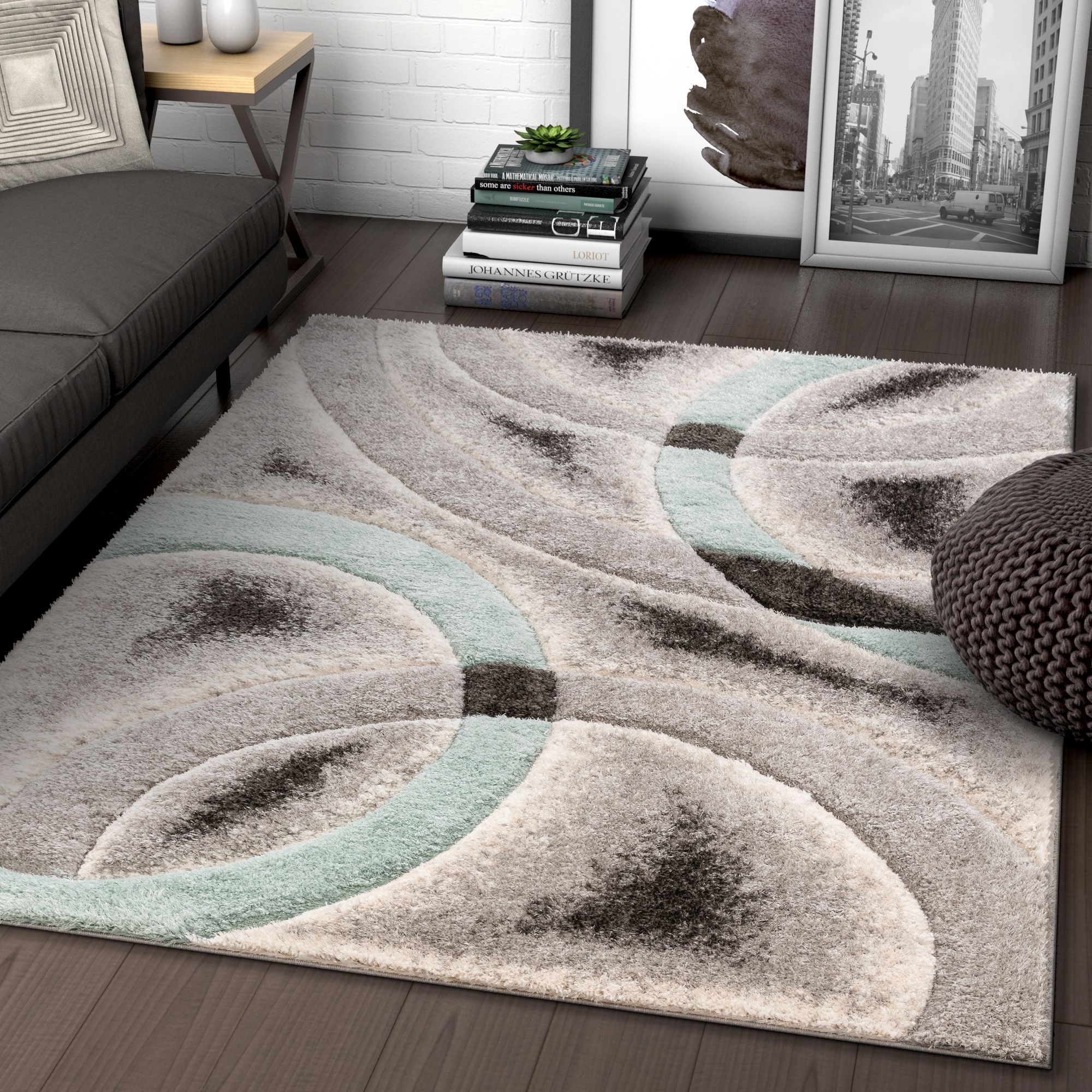 Black Gray Polyester Shag Area Rug