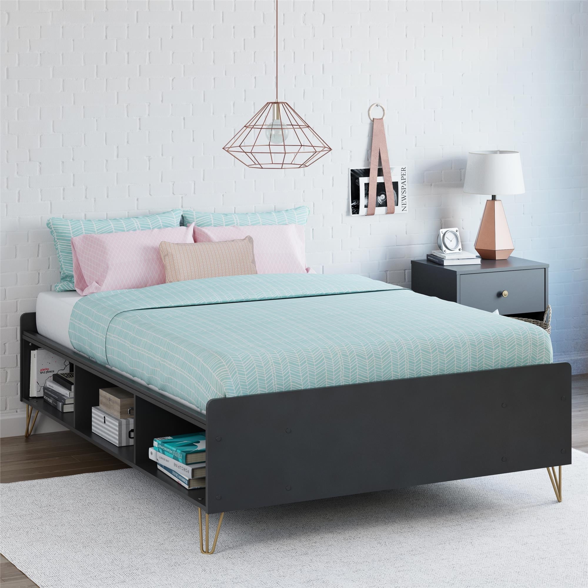 Black Metal Manufactured Wood Full Platform Bed
