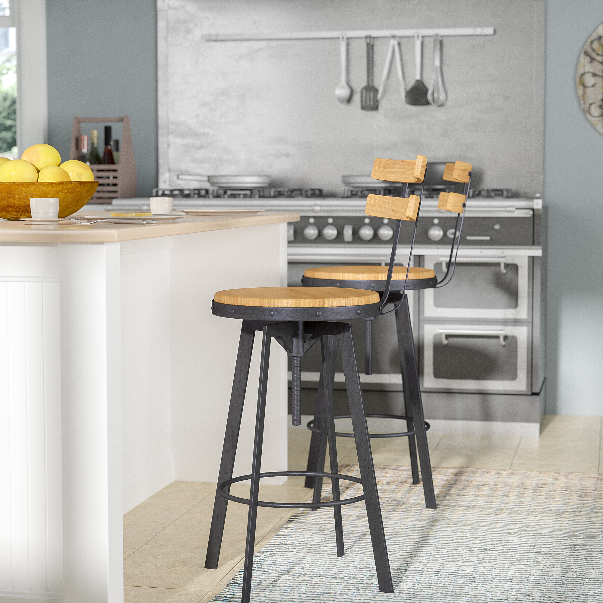 Black Metal Solid Wood Round Bar Stool