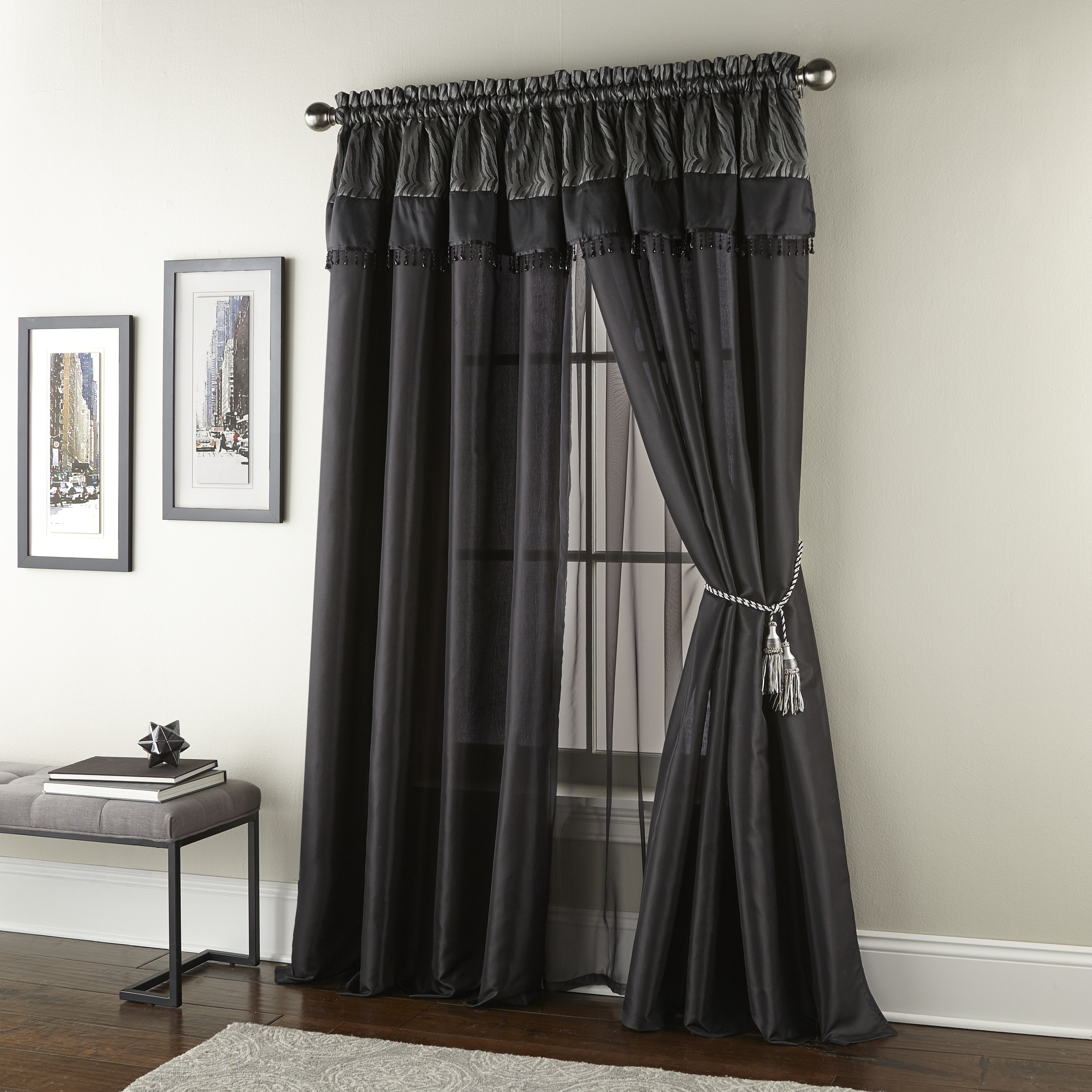 Black Polyester Rod Pocket Curtain Panels