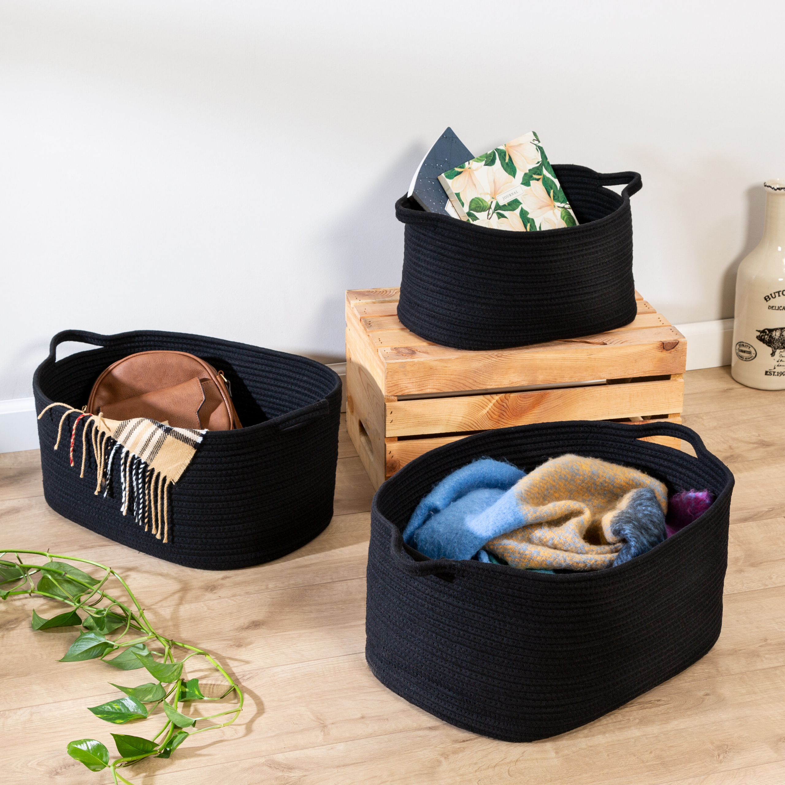 Black Rectangle Fabric Basket Set