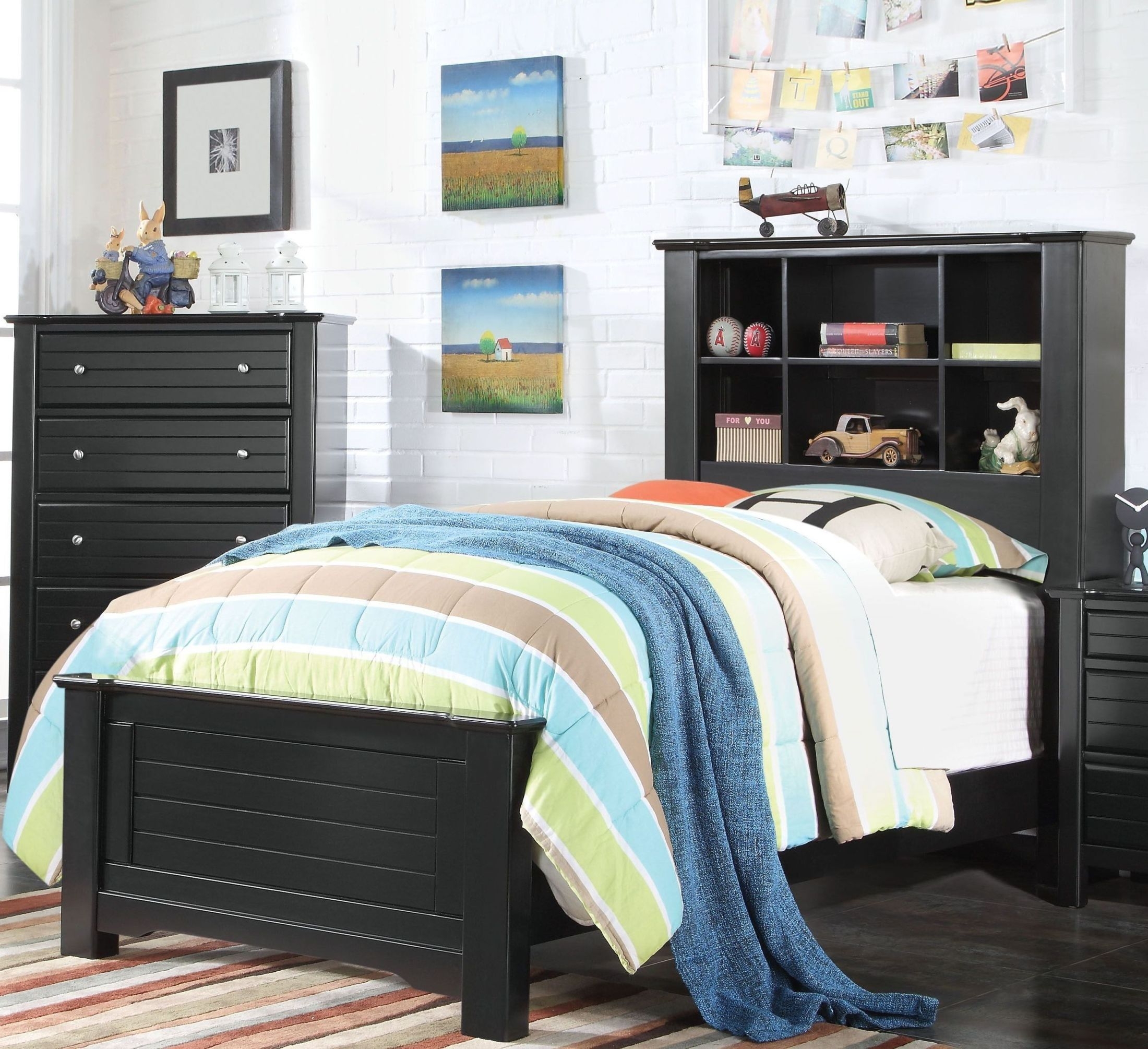 Black Solid Wood Platform Bed With Bookcase