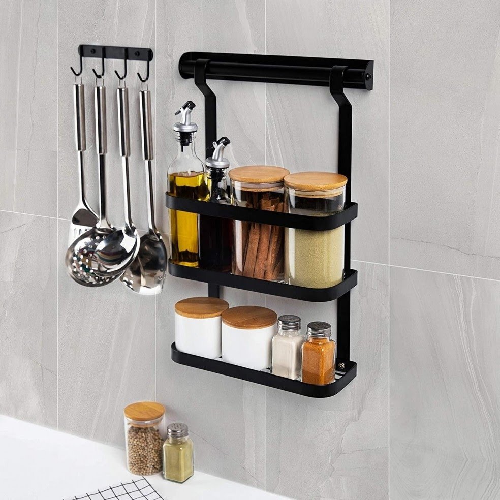 Black Stainless Steel Wall Mounted Kitchen Storage Rack