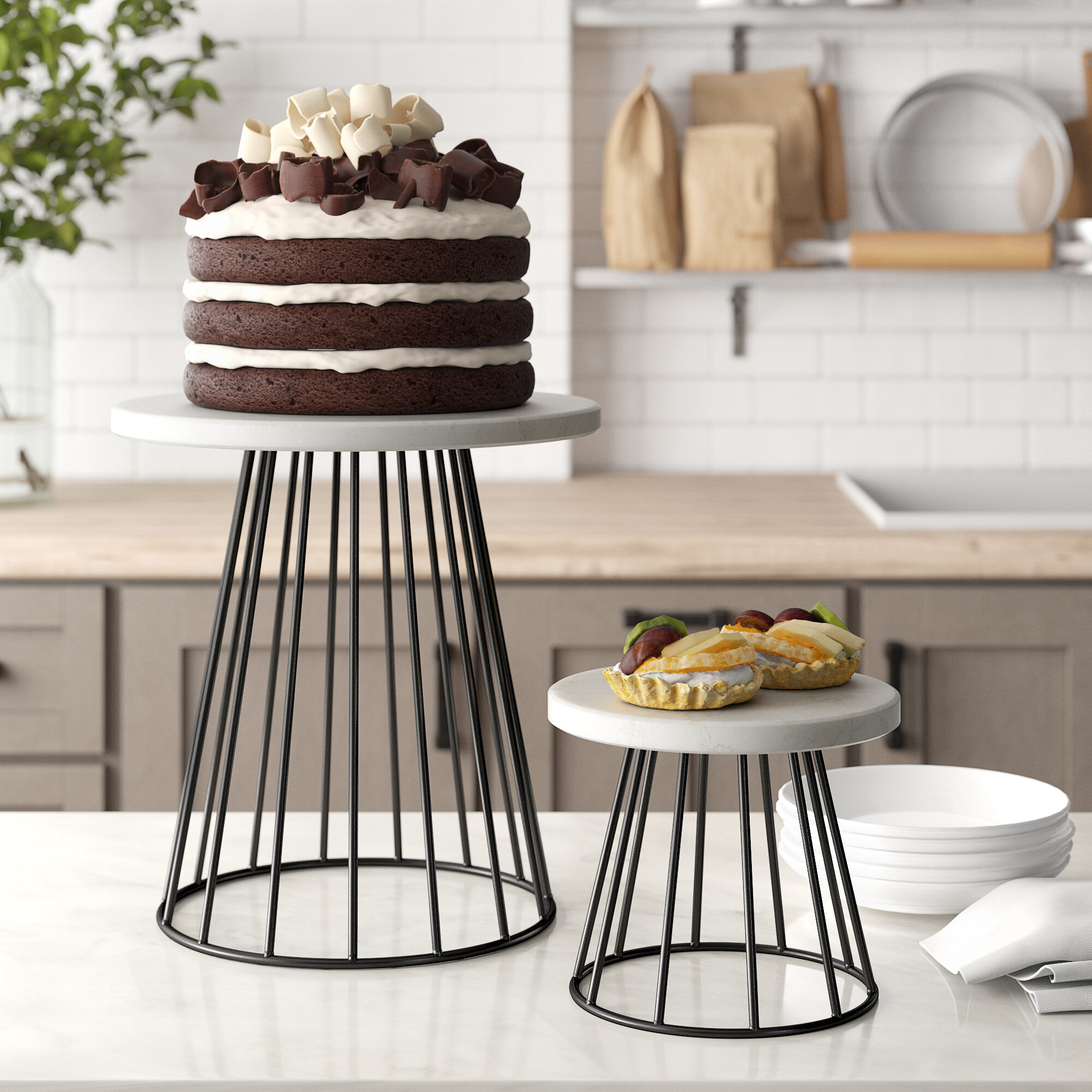 Black Stainless Steel White Stoneware Cake Stand Set