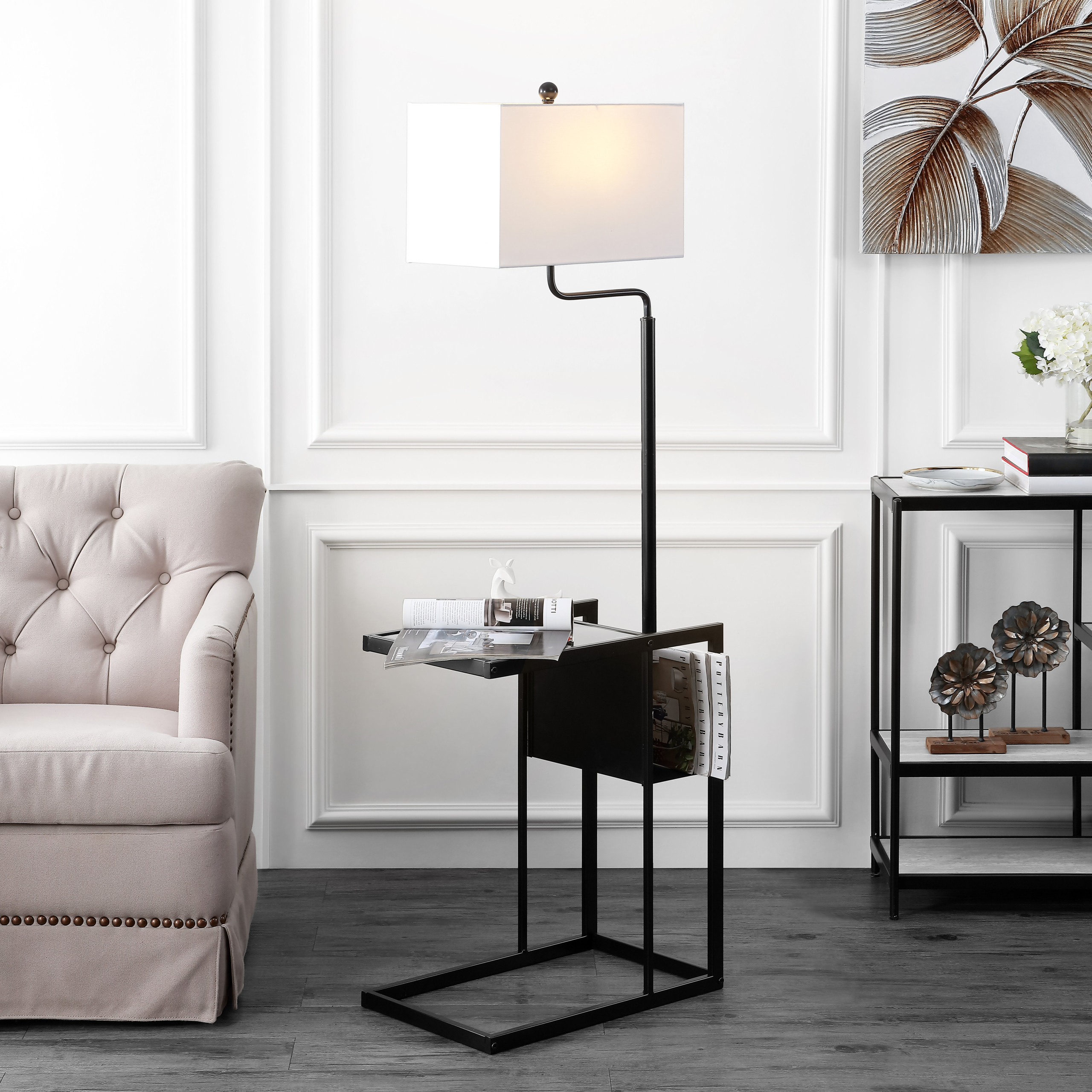 Black Tray Table Floor Lamp With Cotton Shade