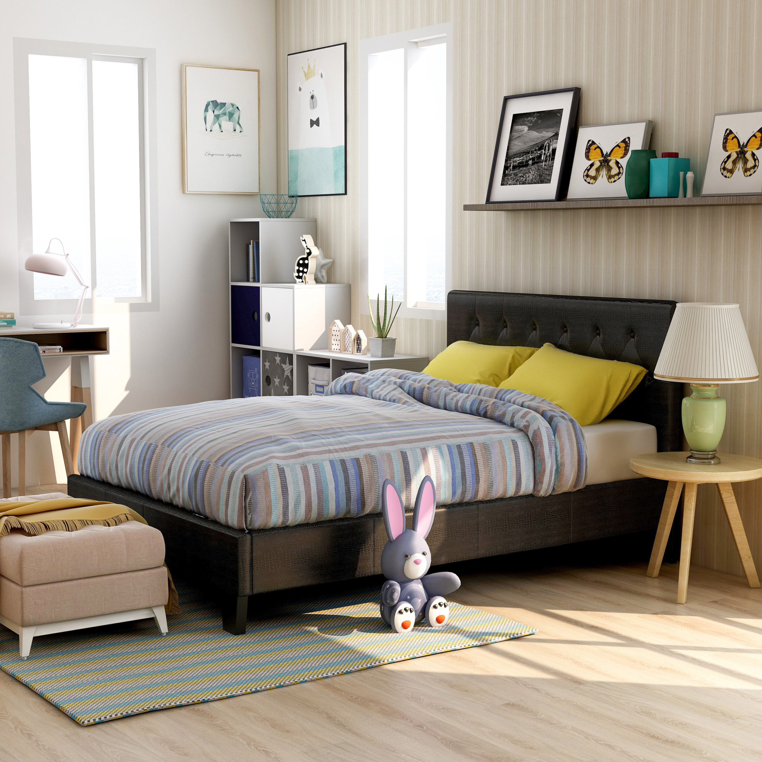 Black Upholstered Queen Platform Bed
