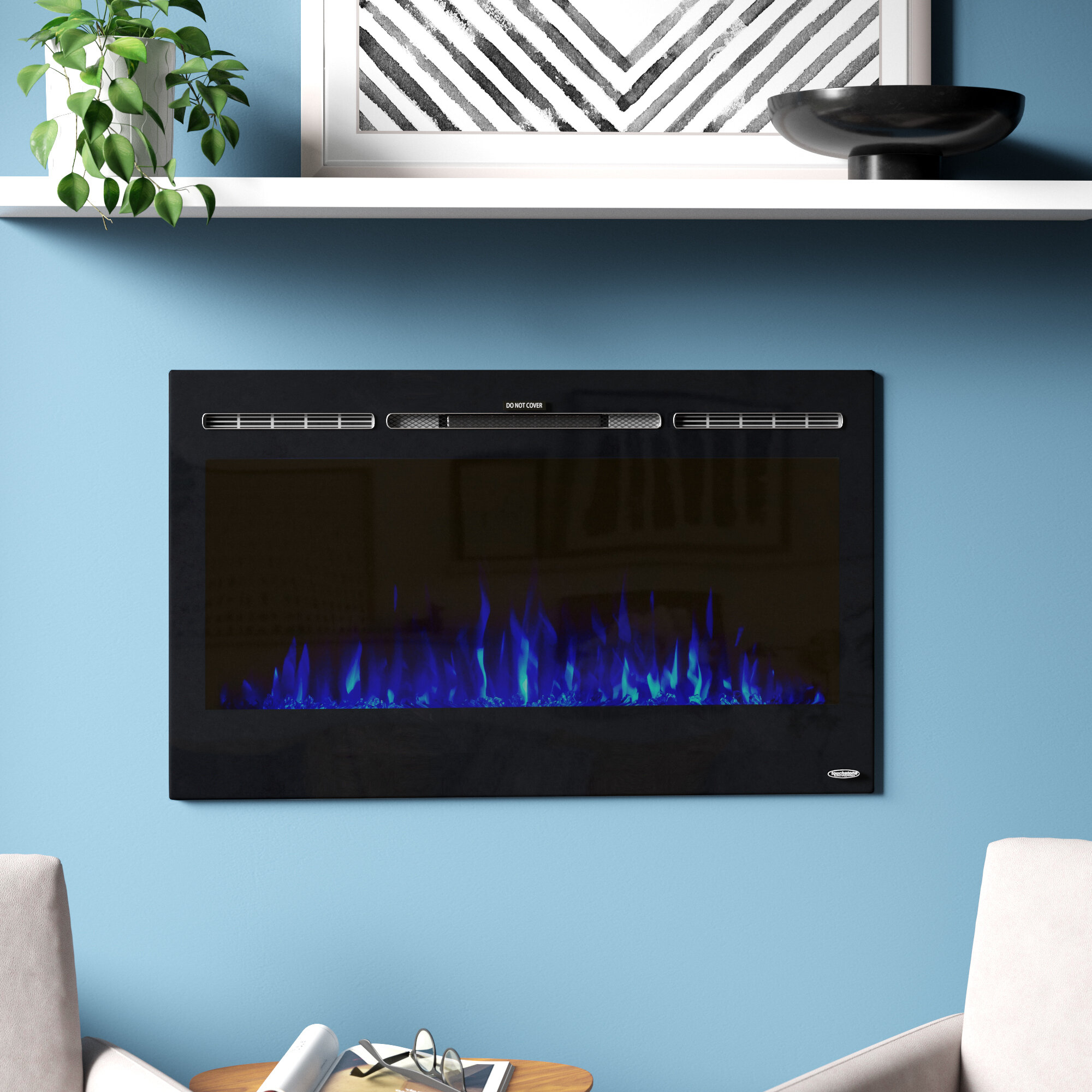 Black Wall Mounted Electric Fireplace with Blue Flame
