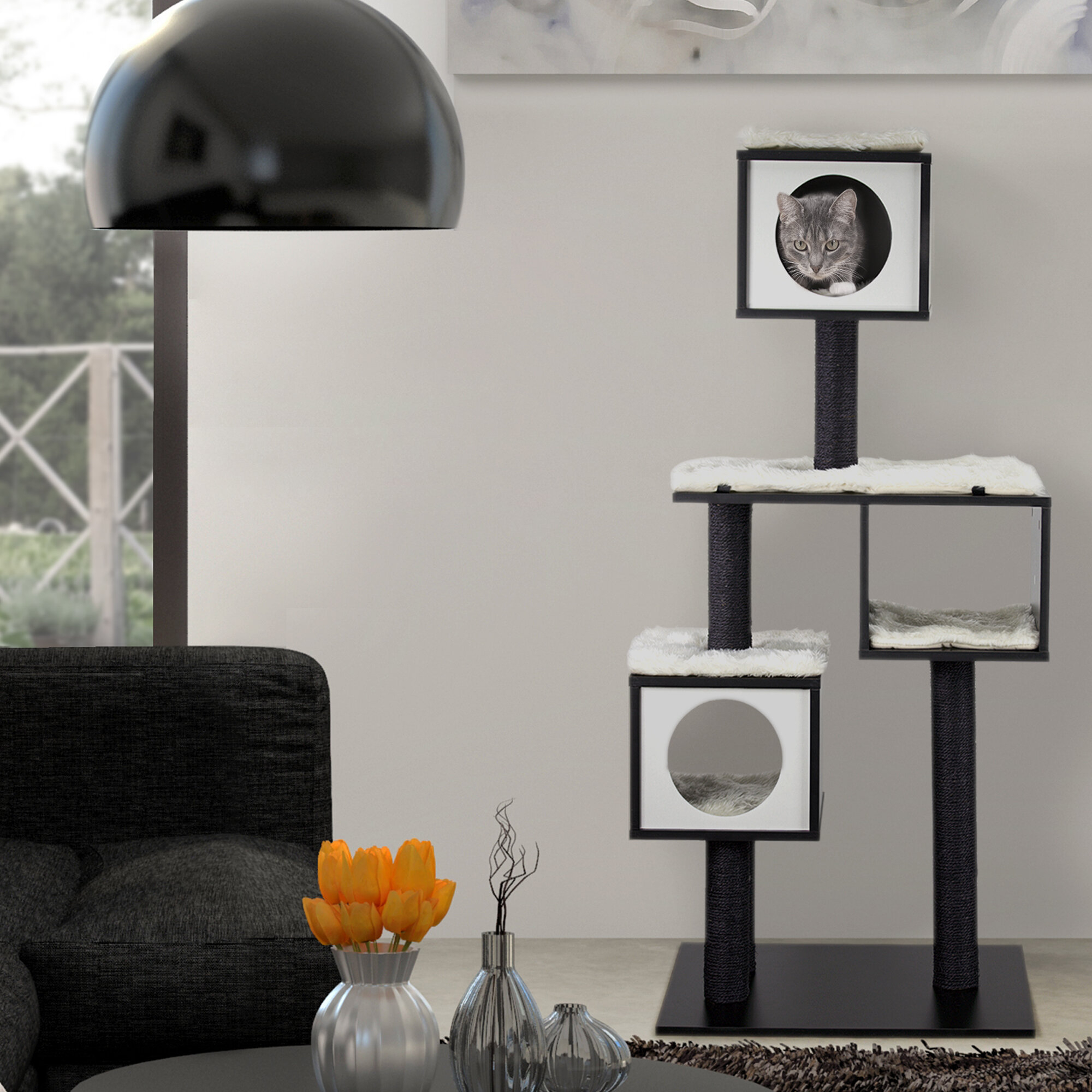 Black Wood Faux Fur Cat Condo