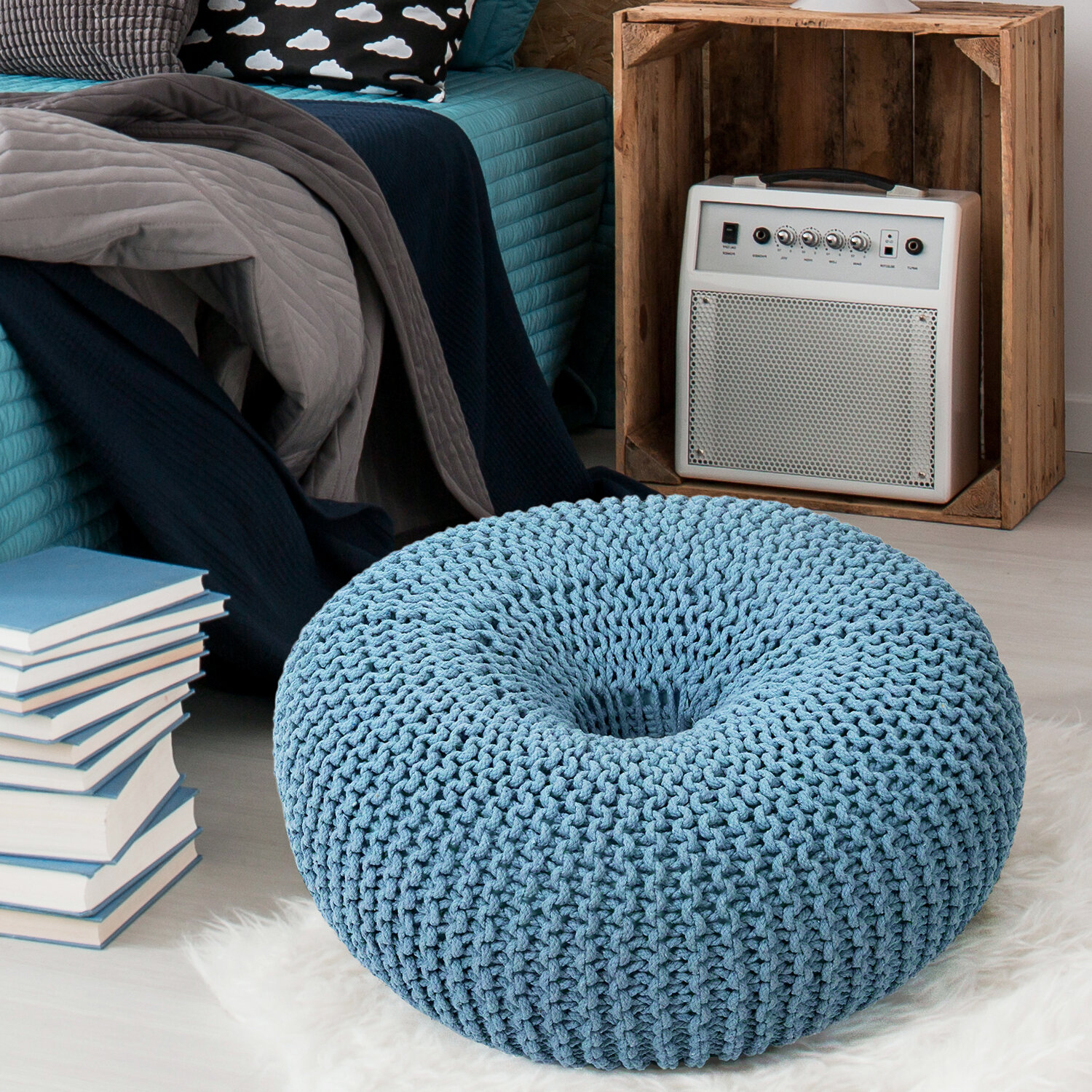 Blue Cotton Blend Doughnut Round Pouf