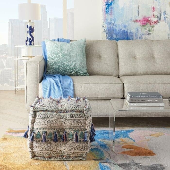 Blue Cotton Polyester Square Pouf