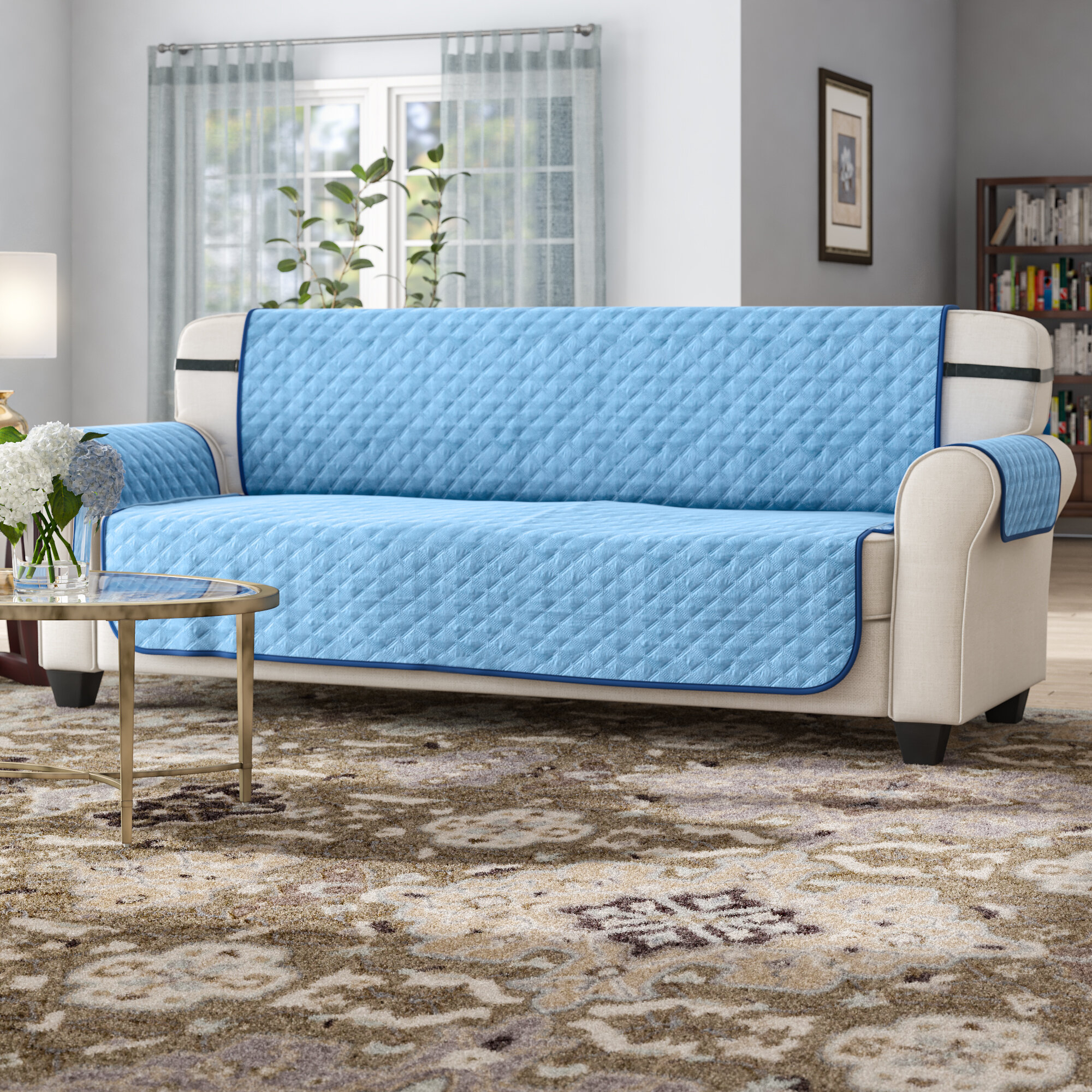 Blue Microfiber T Cushion Sofa Slipcover