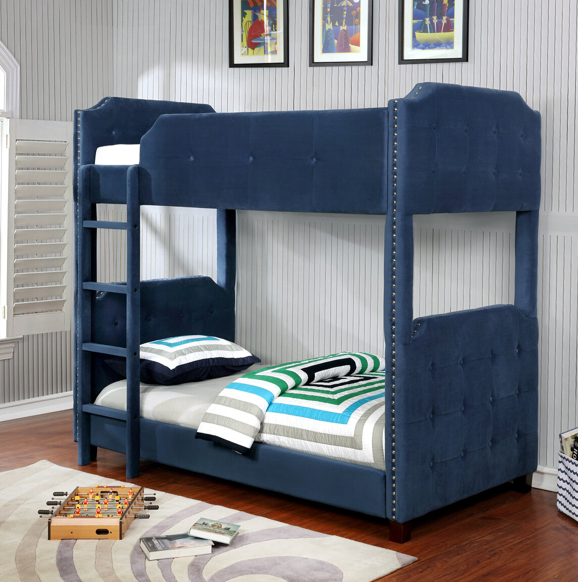 Blue Polyester Twin Over Twin Bunk Bed