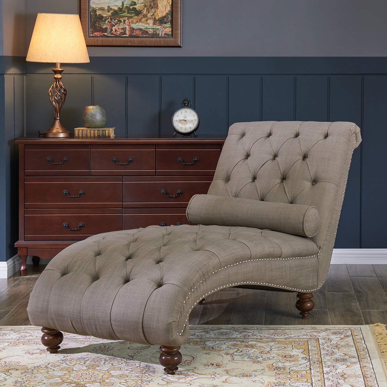 Brown Linen Rubberwood Chaise Lounge