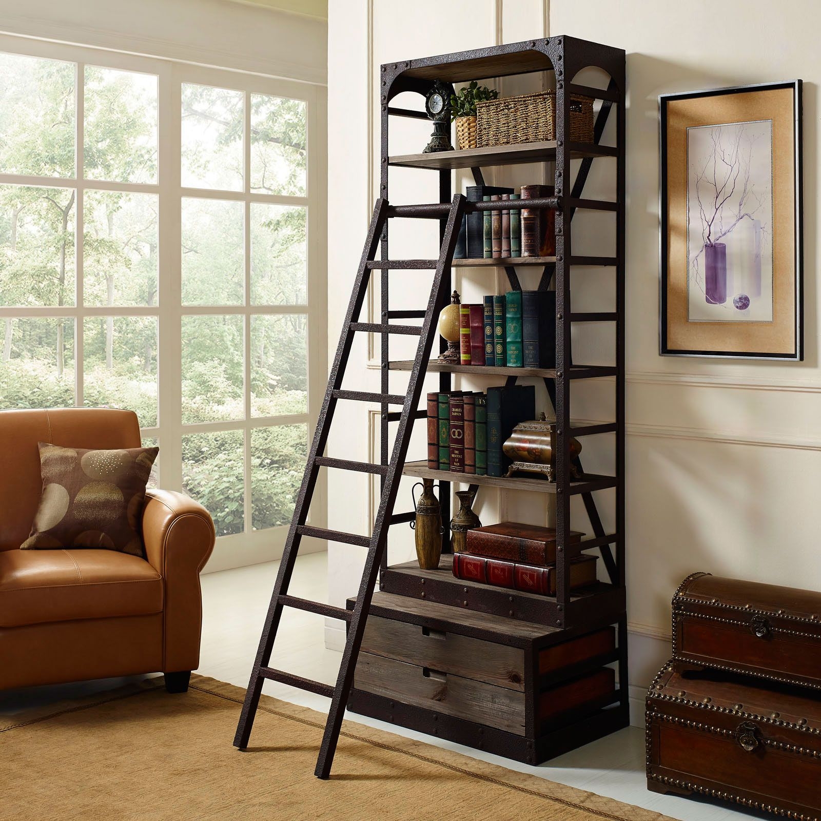 Brown Solid Wood Cast Iron Etagere Bookcase