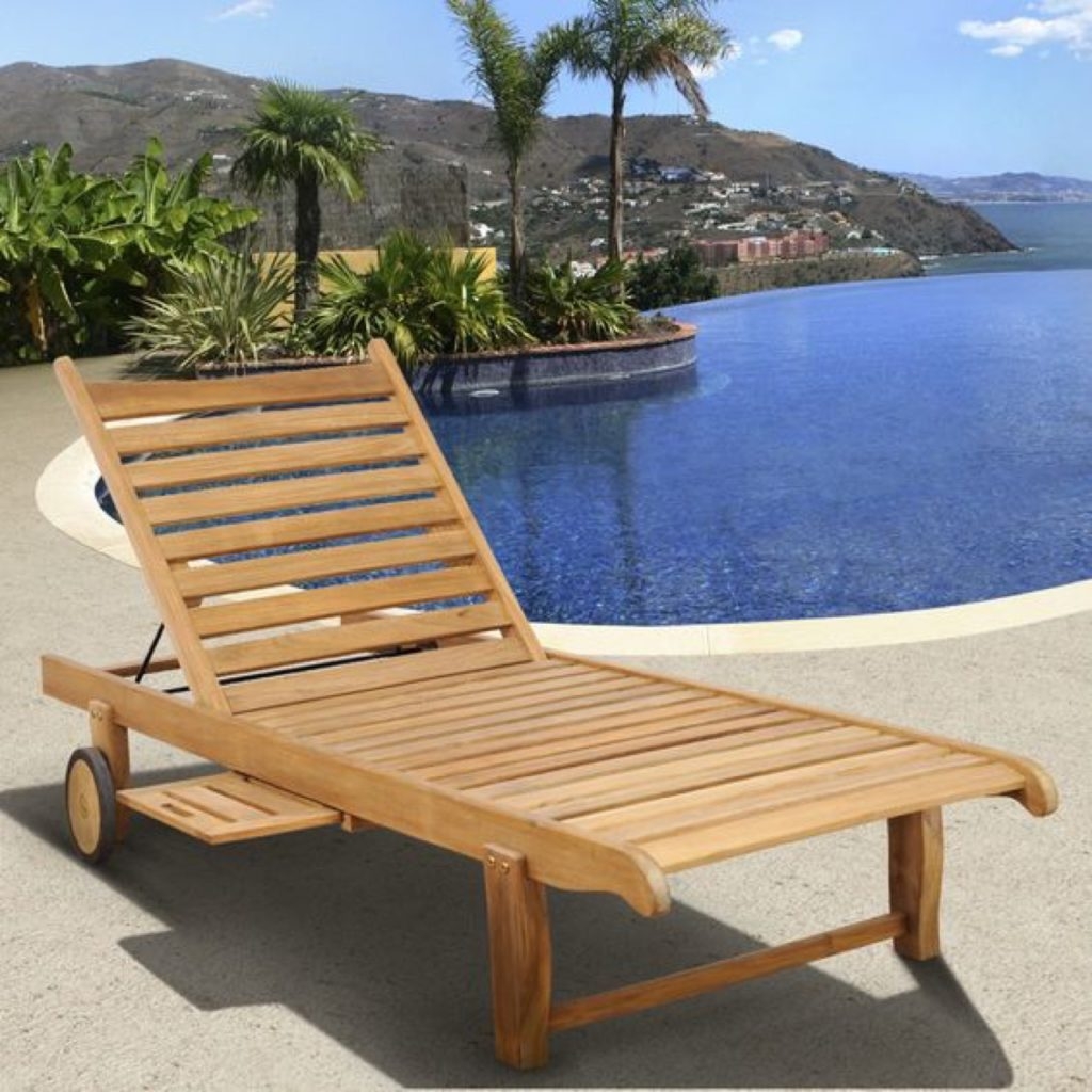 Brown Solid Wood Reclining Chaise Lounge With Wheels