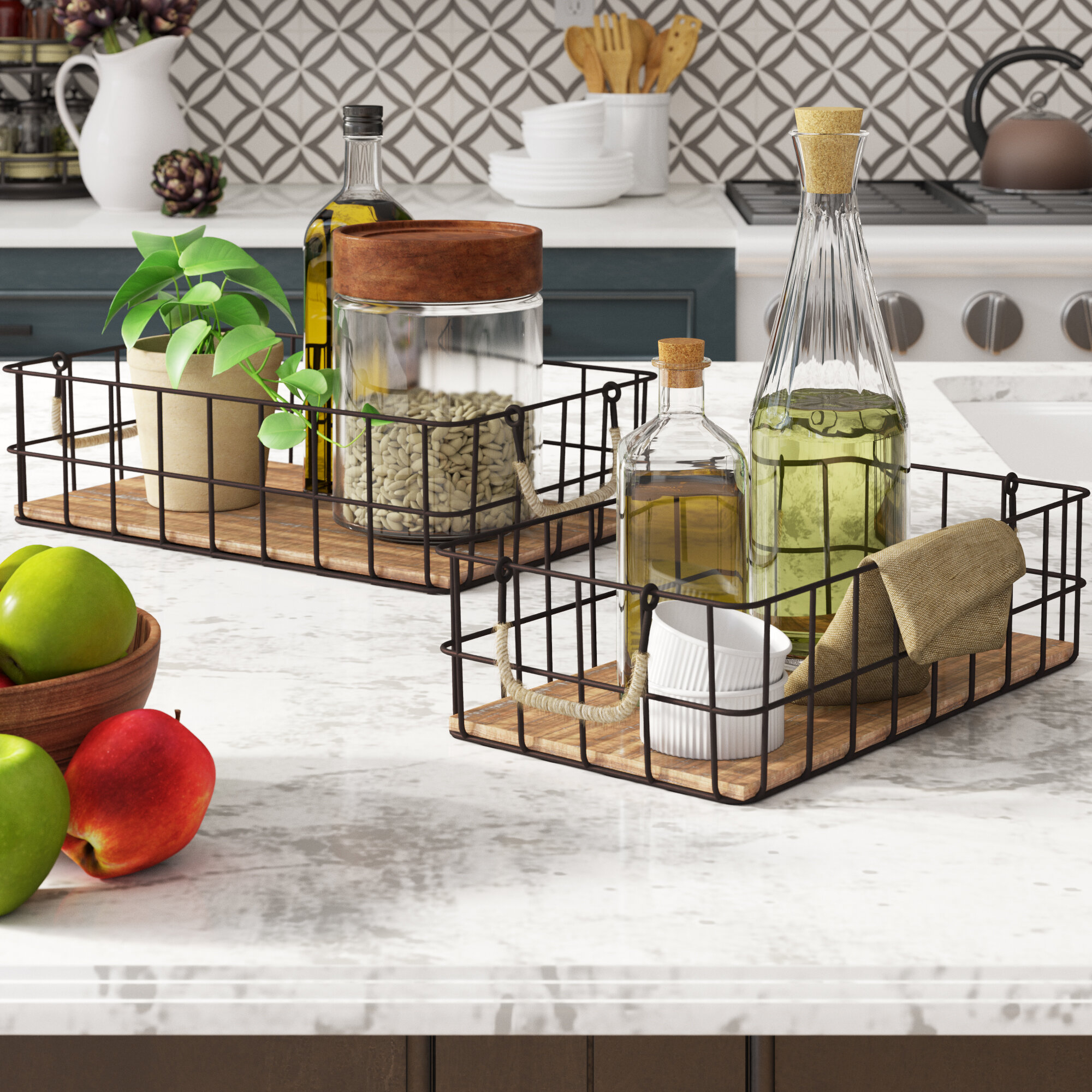 Brown Wire Wood Basket Set 