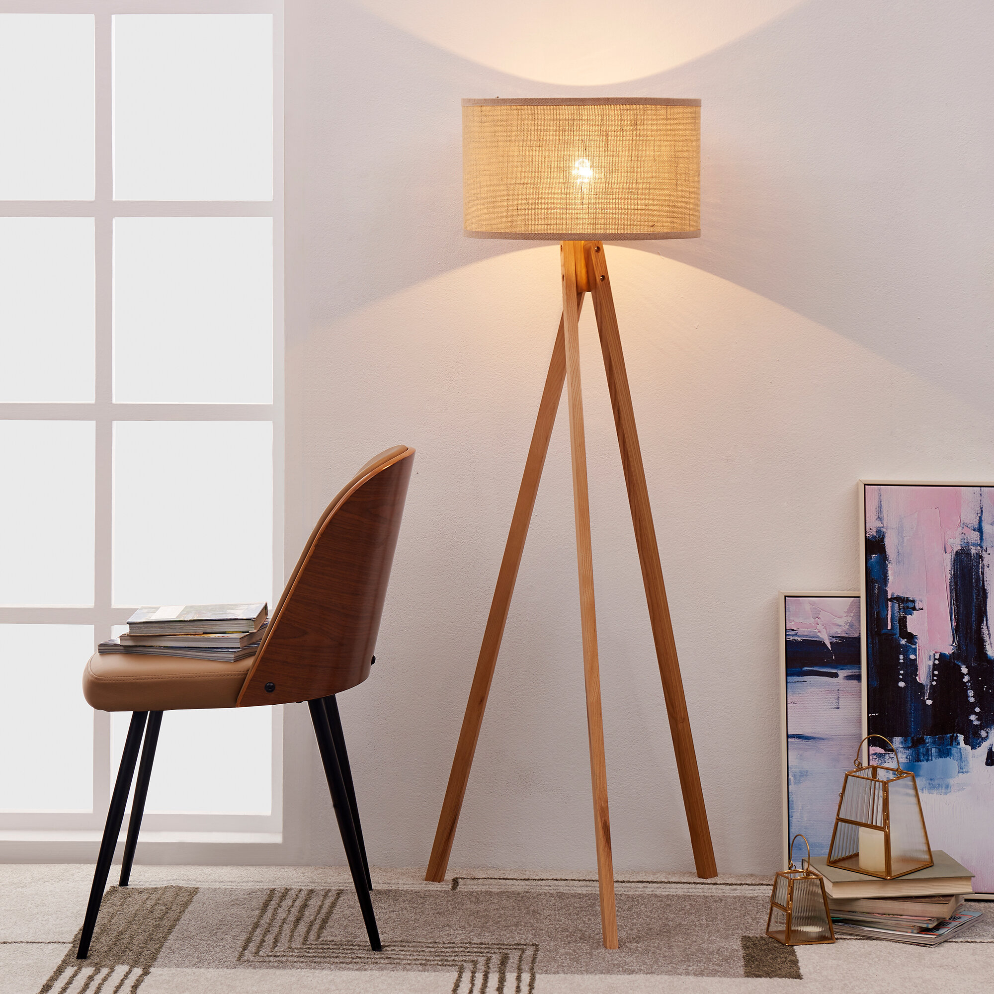 Brown Wood Tripod Floor Lamp