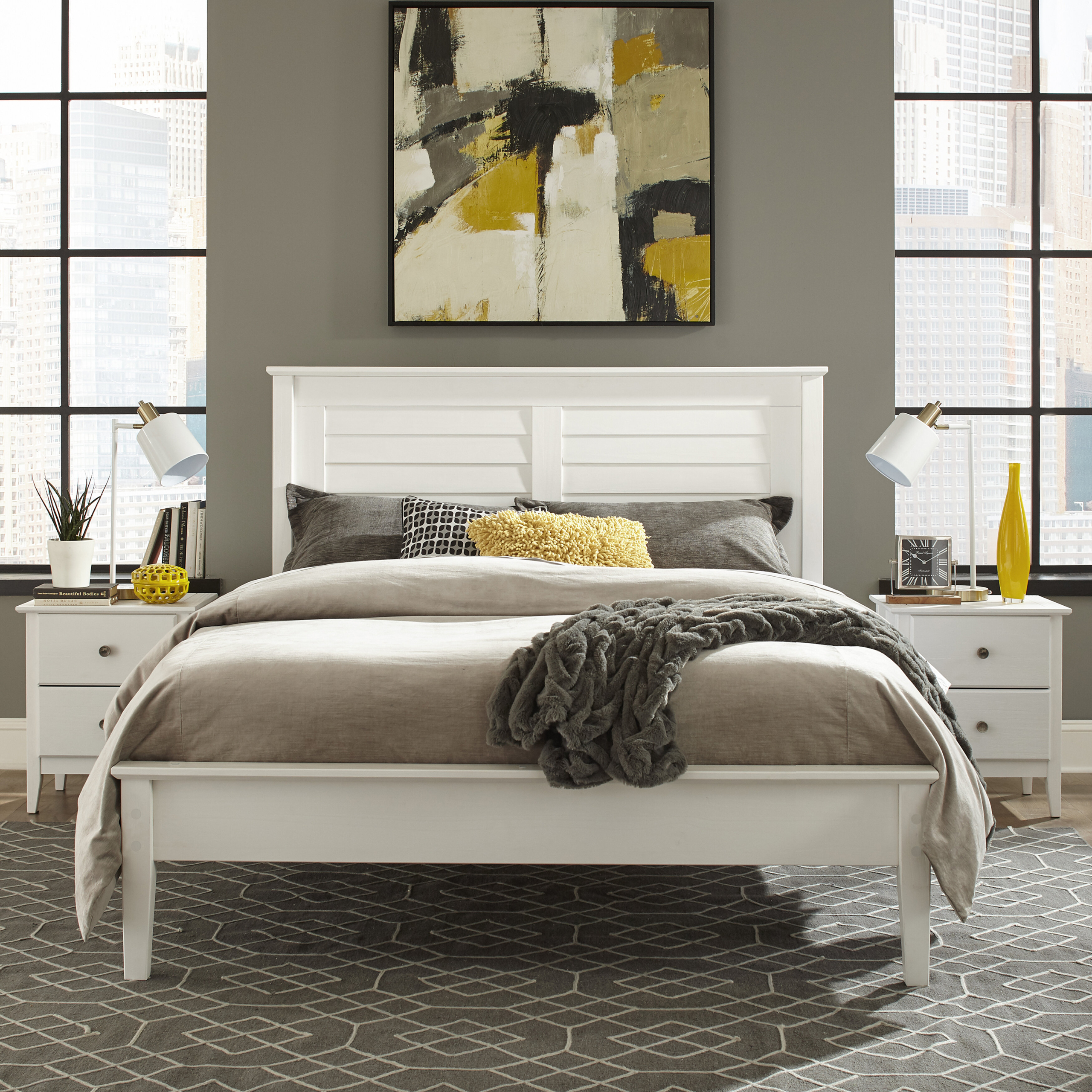 Brushed White Solid Wood Full Platform Bed