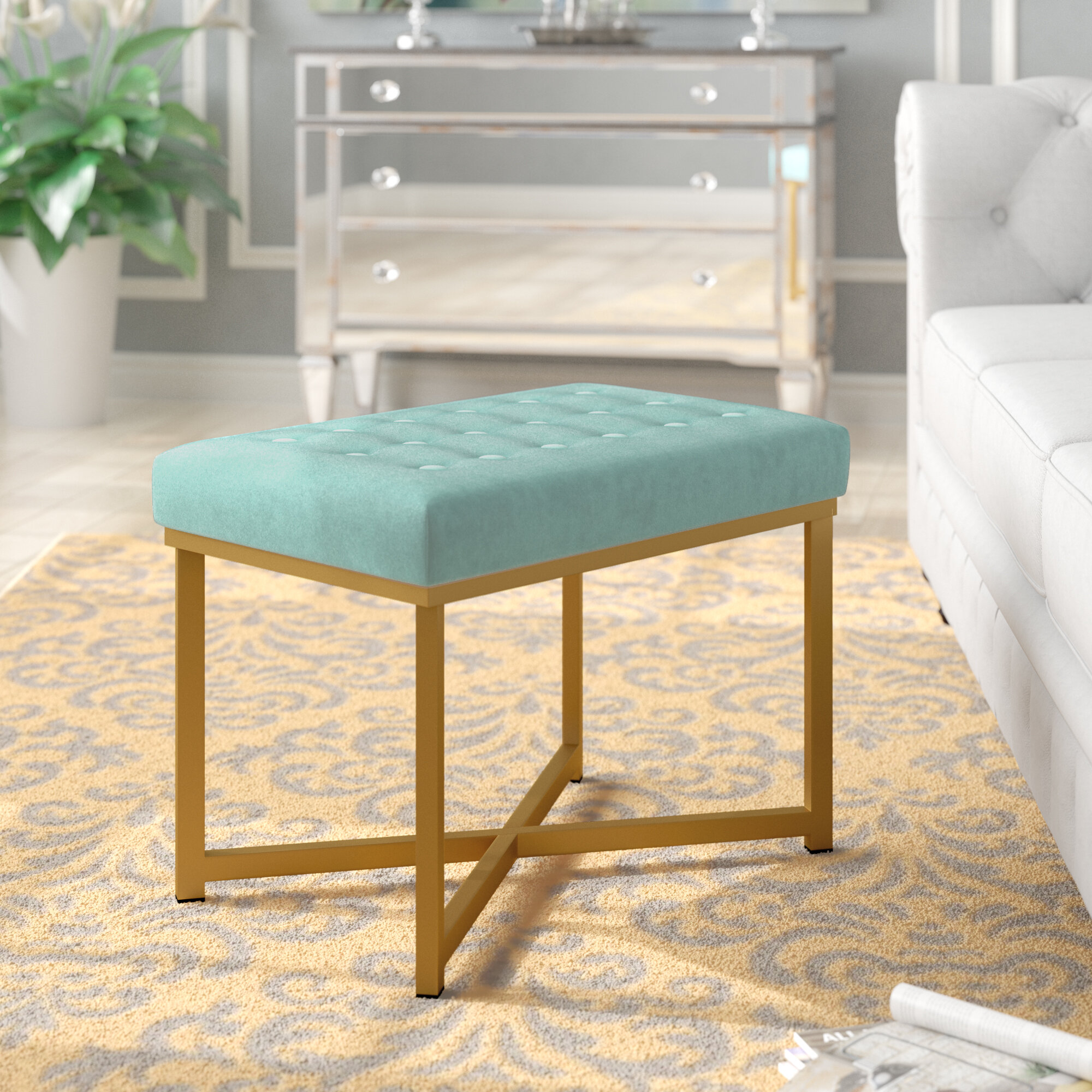 Caribbean Velvet Polyester Rectangle Tufted Ottoman