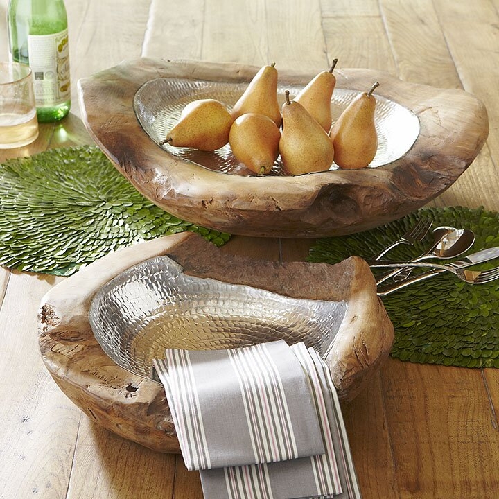 Carved Teak &amp;amp;amp;amp;amp; Aluminum Decorative Bowl
