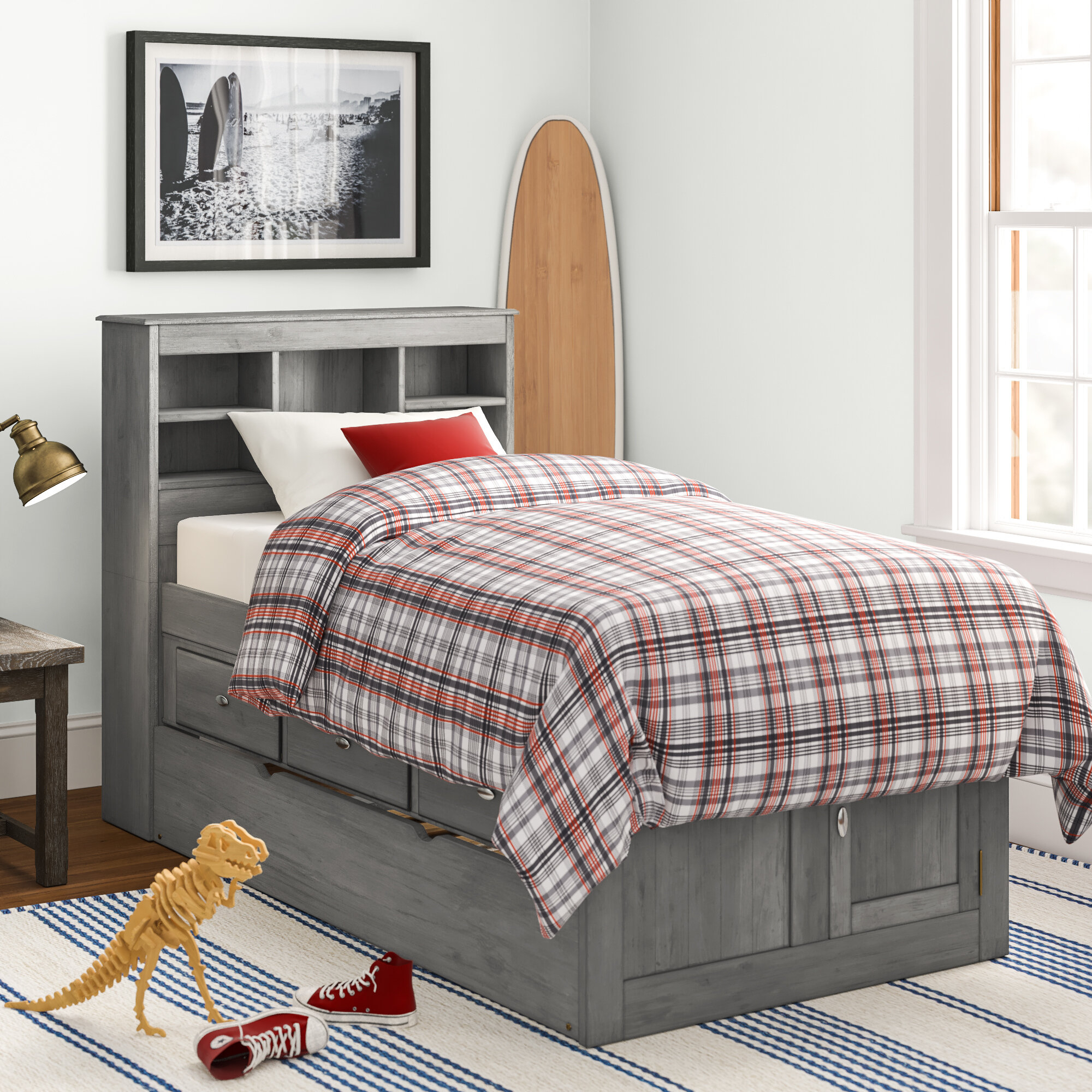 Charcoal Solid Wood Twin Bed With Bookcase