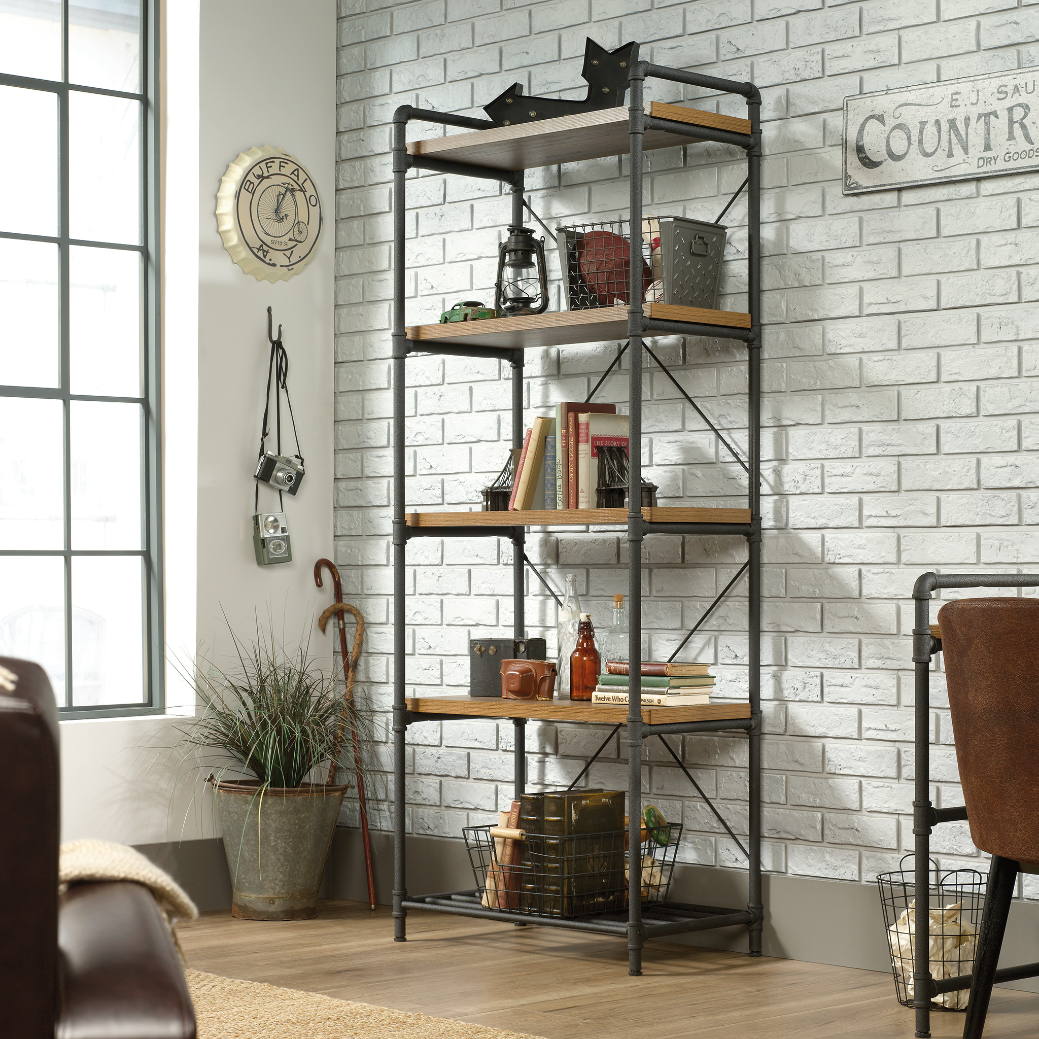 Checked Oak Wood Metal Standard Bookcase