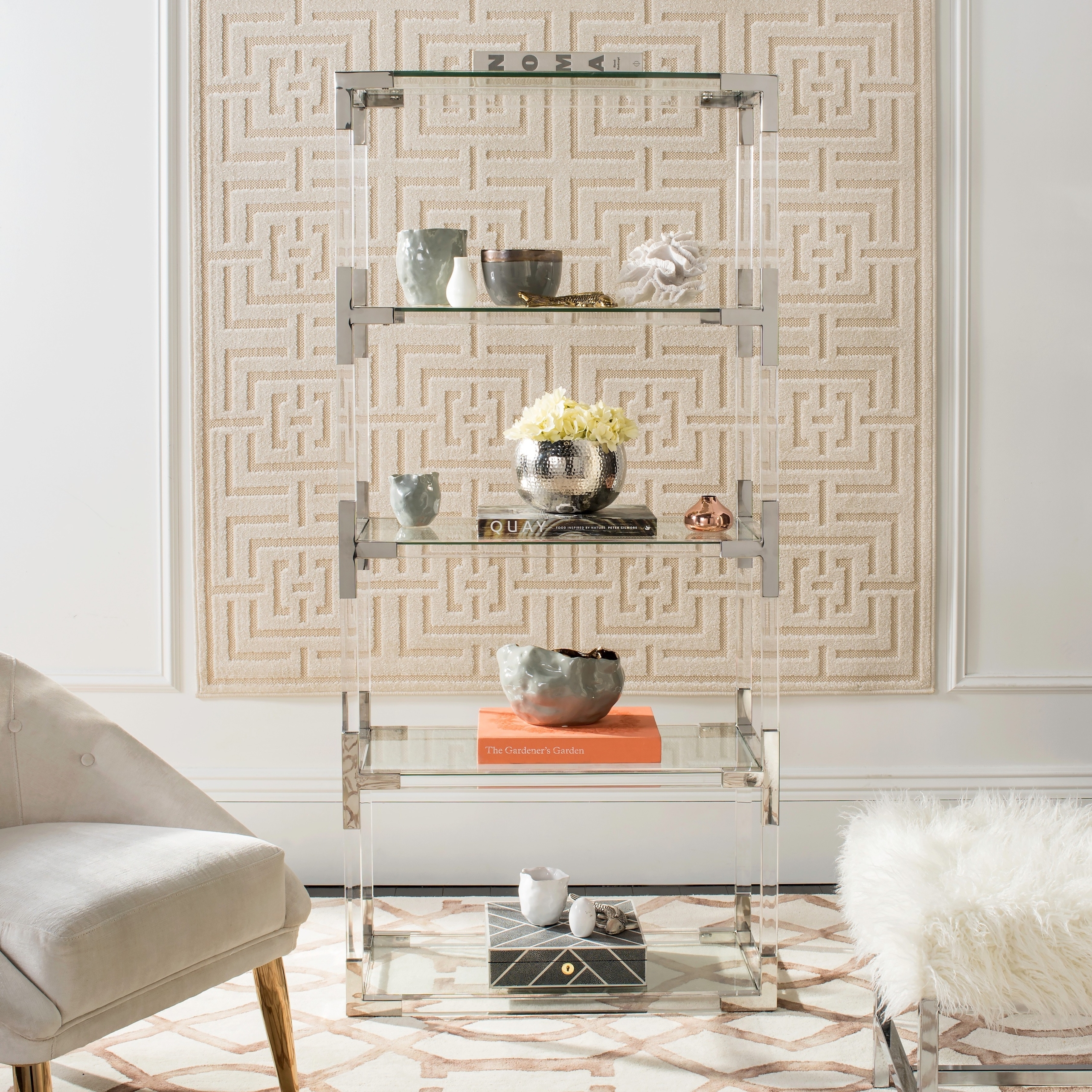Clear Silver Glass Etagere Bookcase