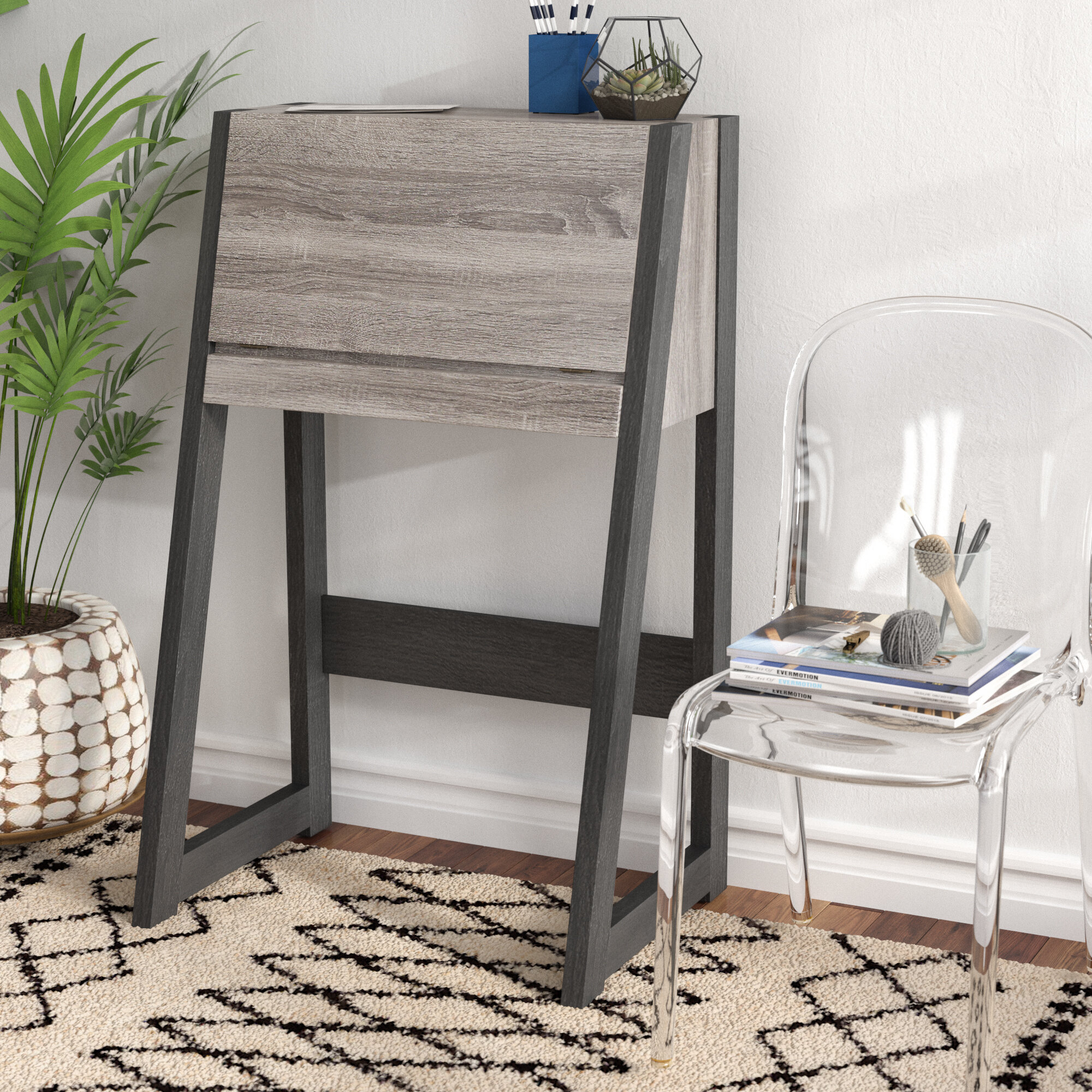 Compact Grey Wood Foldable Secretary Desk