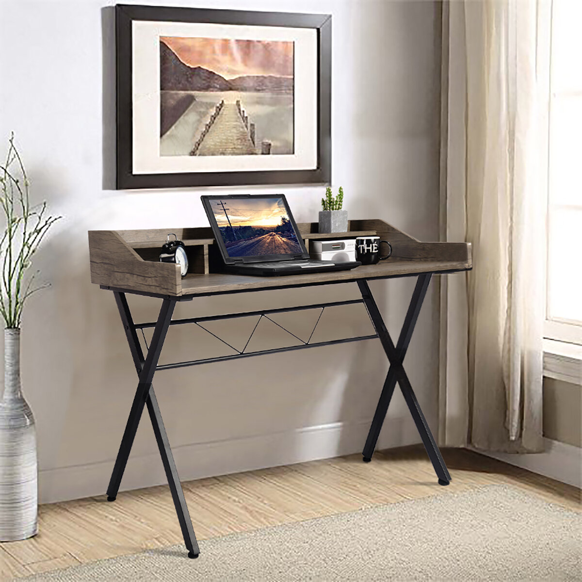 Compact Metal and Wood Secretary Desk