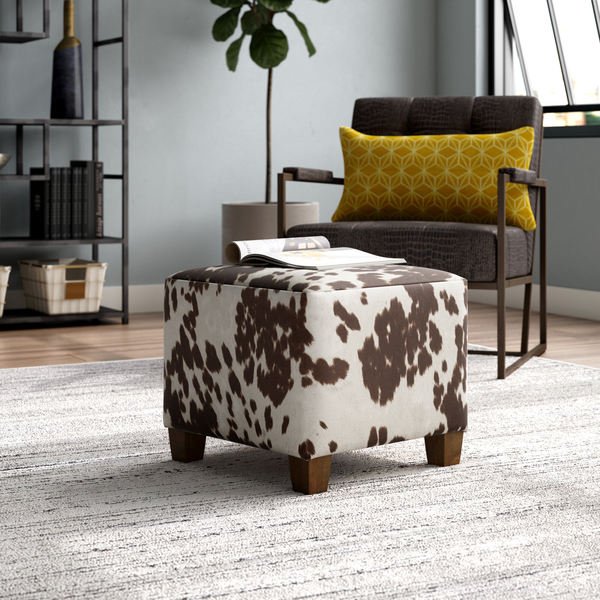 Cowhide Print Polyester Square Cube Ottoman