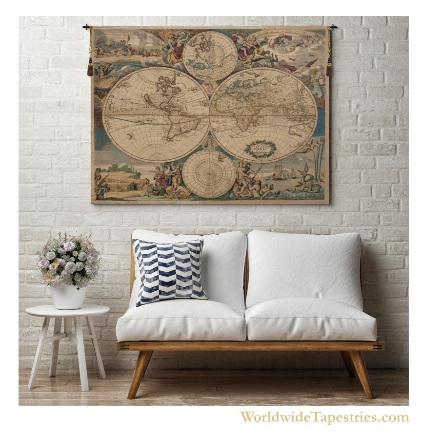 Cream Blended Fabric Map Wall Hanging