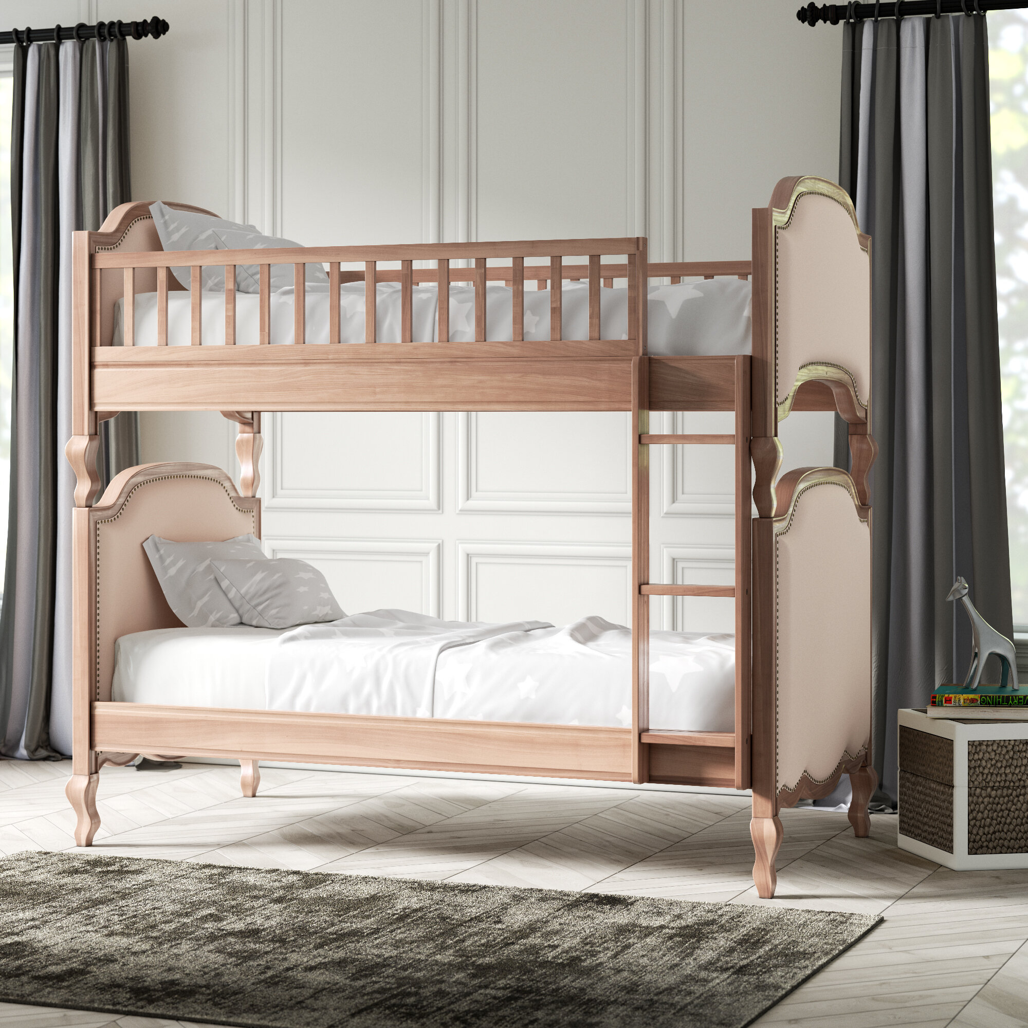 Cream Linen Metal Twin Bunk Bed