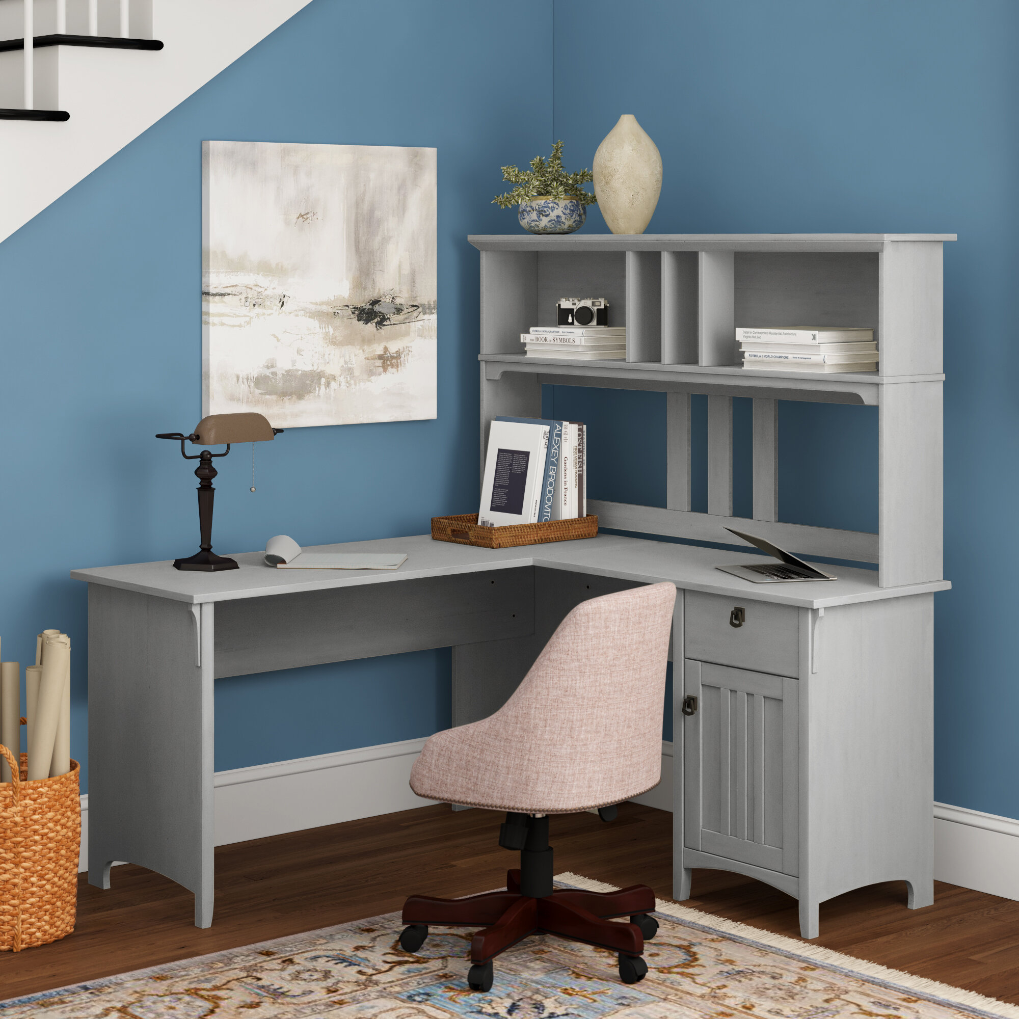 Credenza Corner Desk with Hutch in Grey