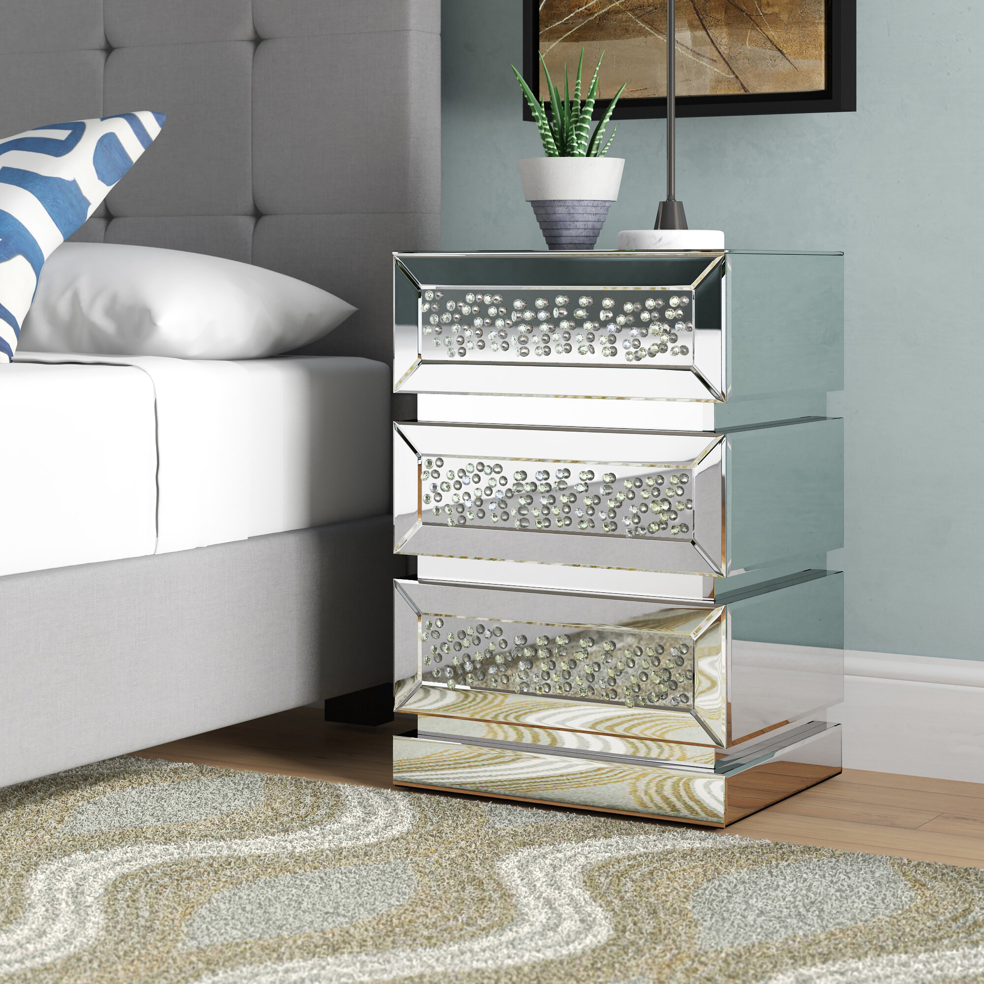 Crystal Mirror Solid Wood Nightstand