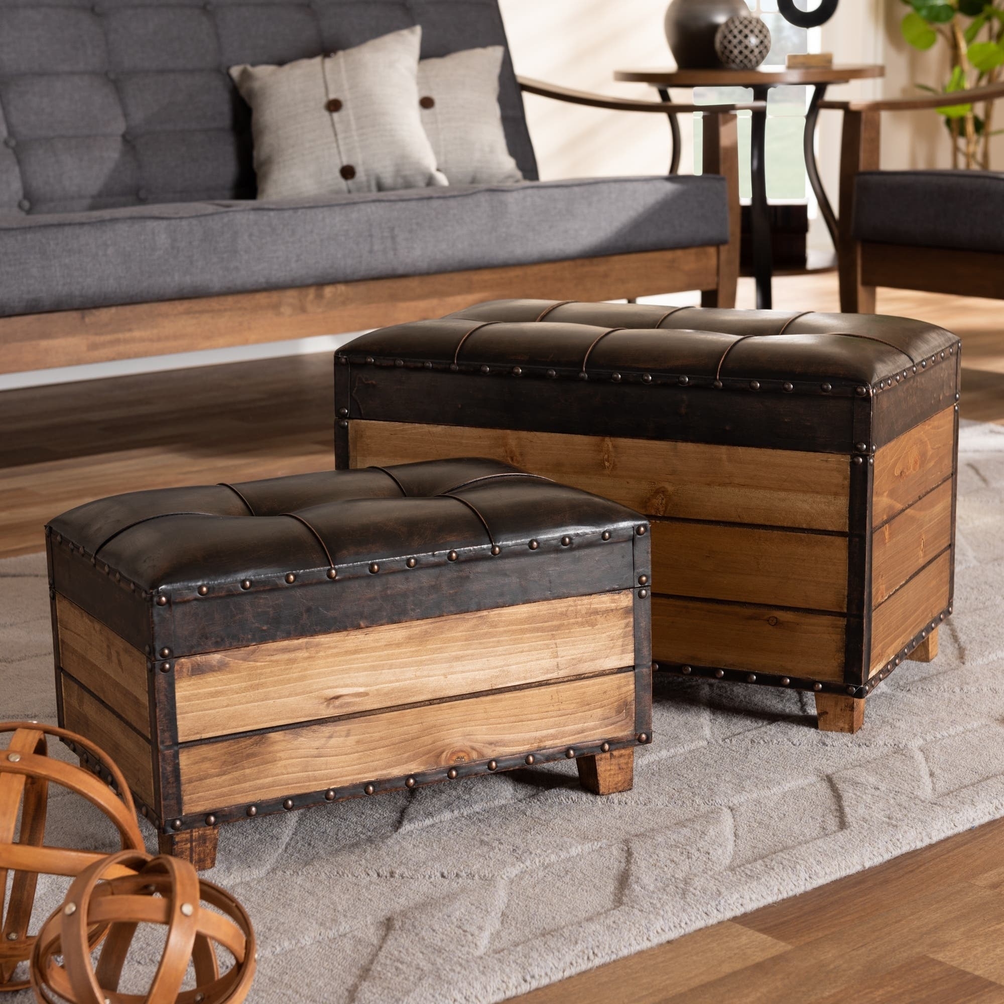 Dark Brown Faux Leather Wood Rectangle Storage Ottoman