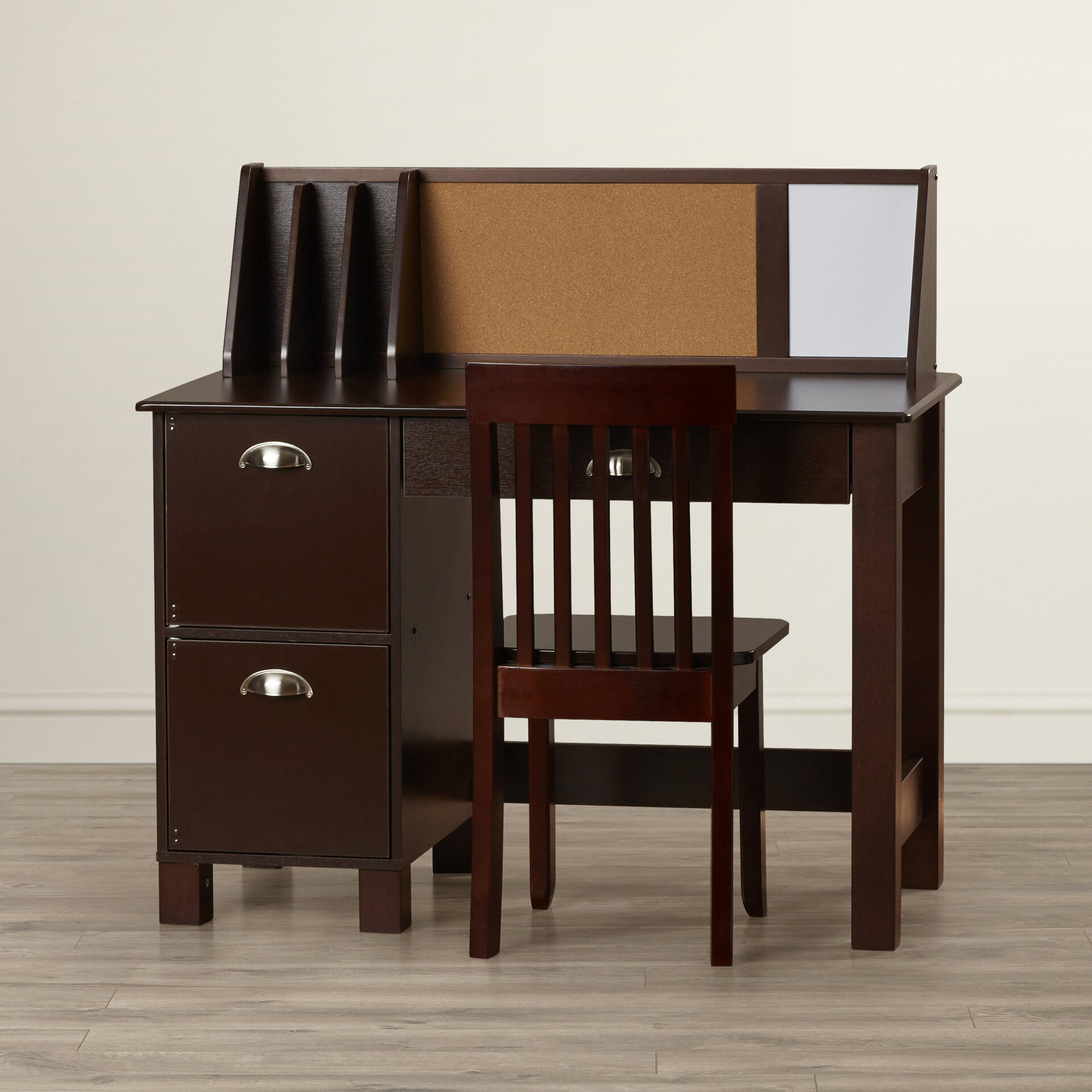 Dark Brown Kids Desk with Hutch and Chair Set