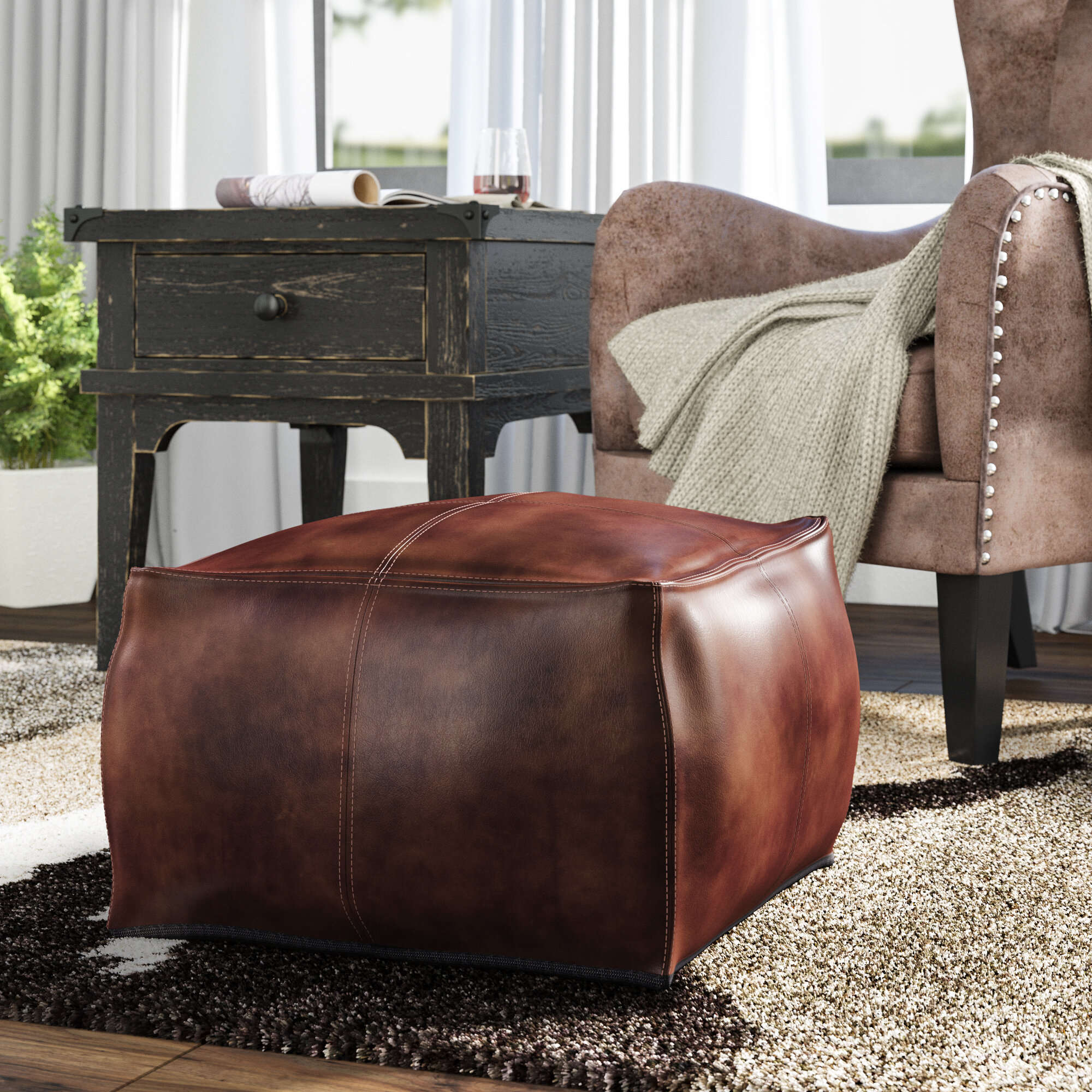 Dark Brown Leather Square Pouf