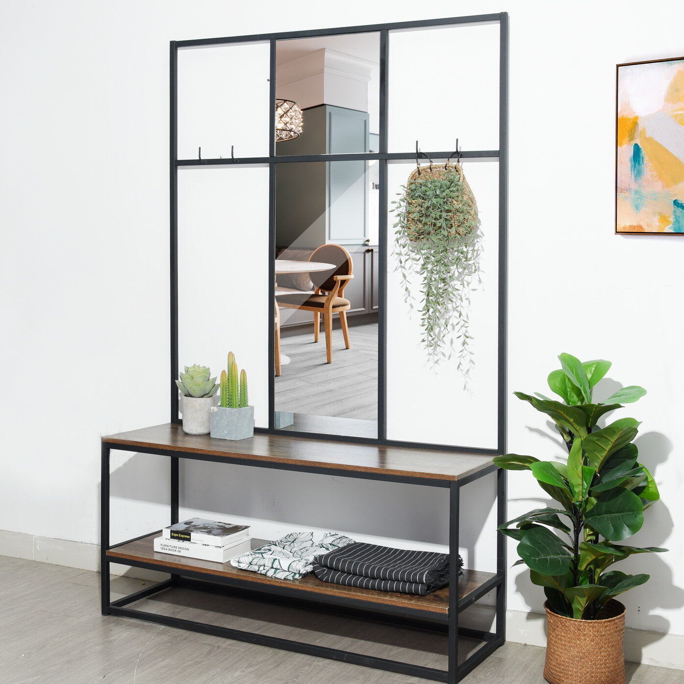 Dark Brown Metal Hall Tree With Mirror