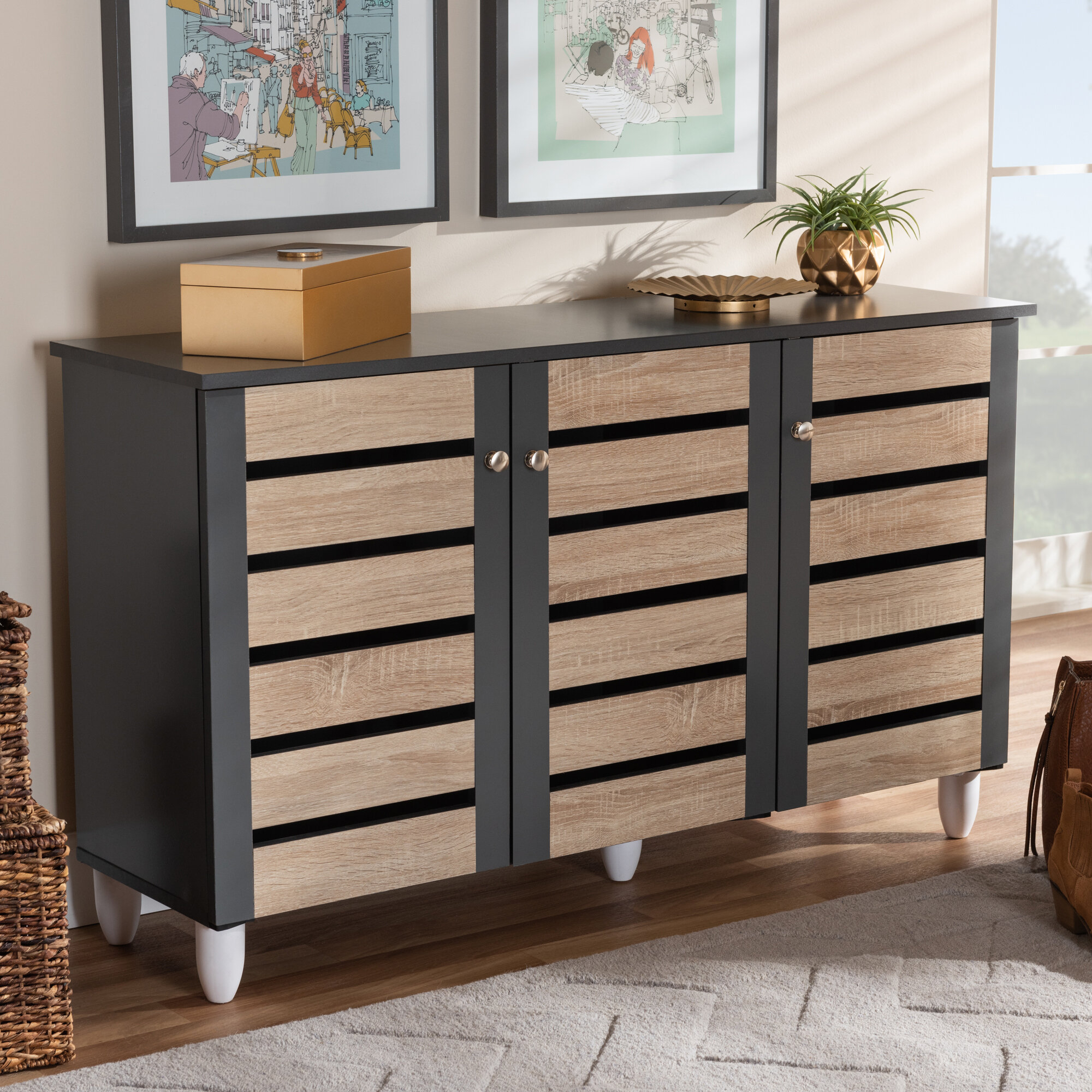 Dark Oak Gray Manufactured Wood Shoe Storage Cabinet