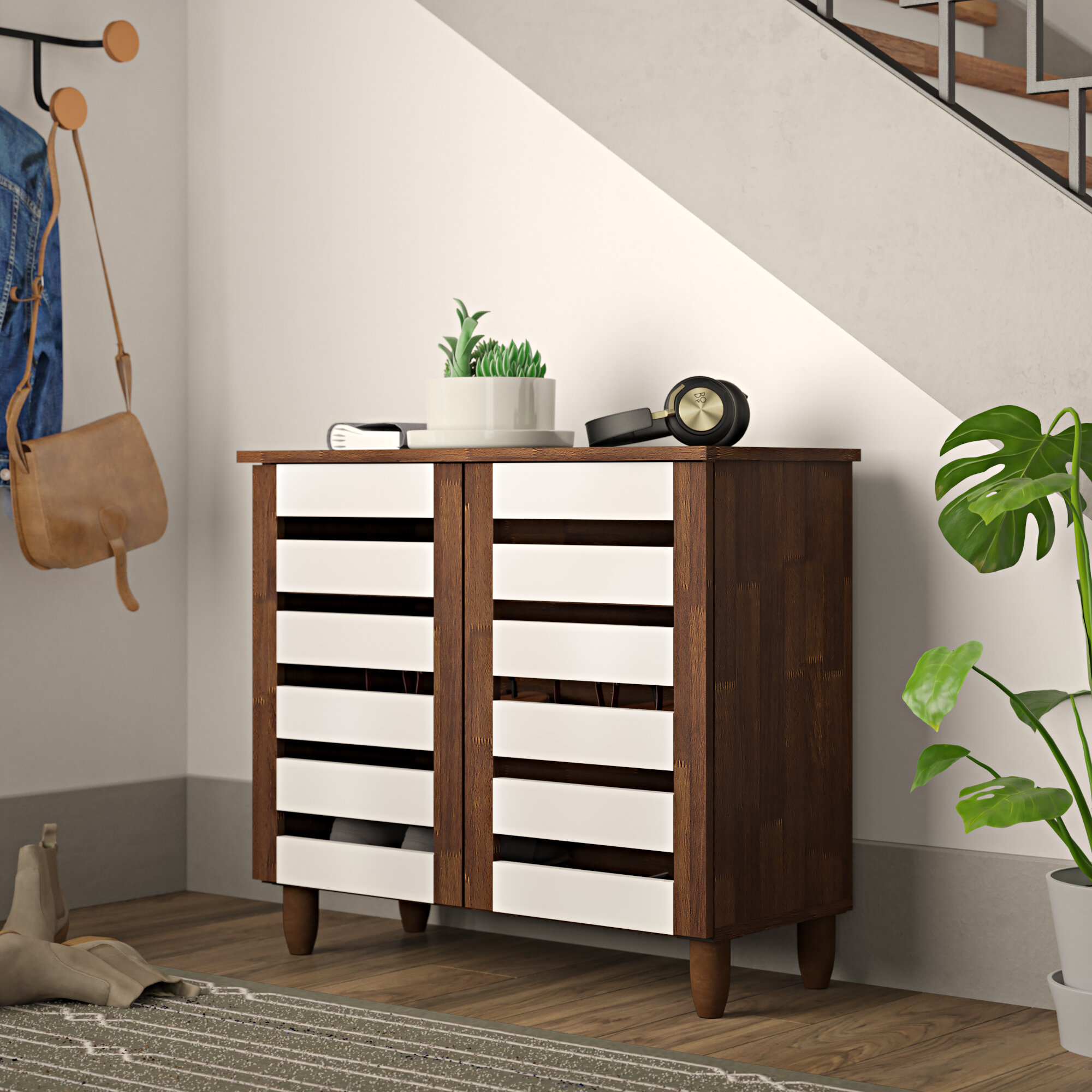Dark Oak White Manufactured Wood Shoe Storage Cabinet