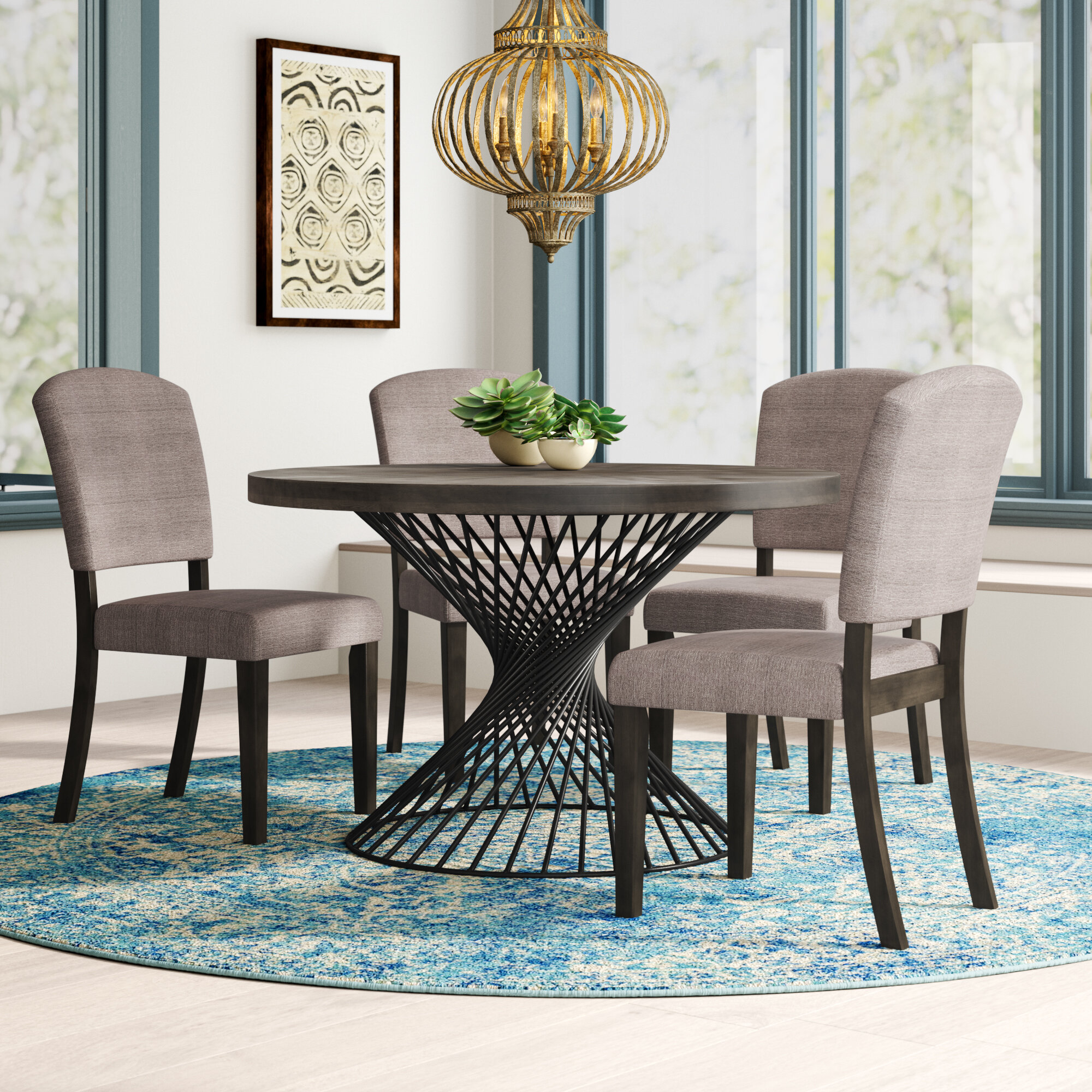 Dark Pewter Metal Pedestal Table Dining Set