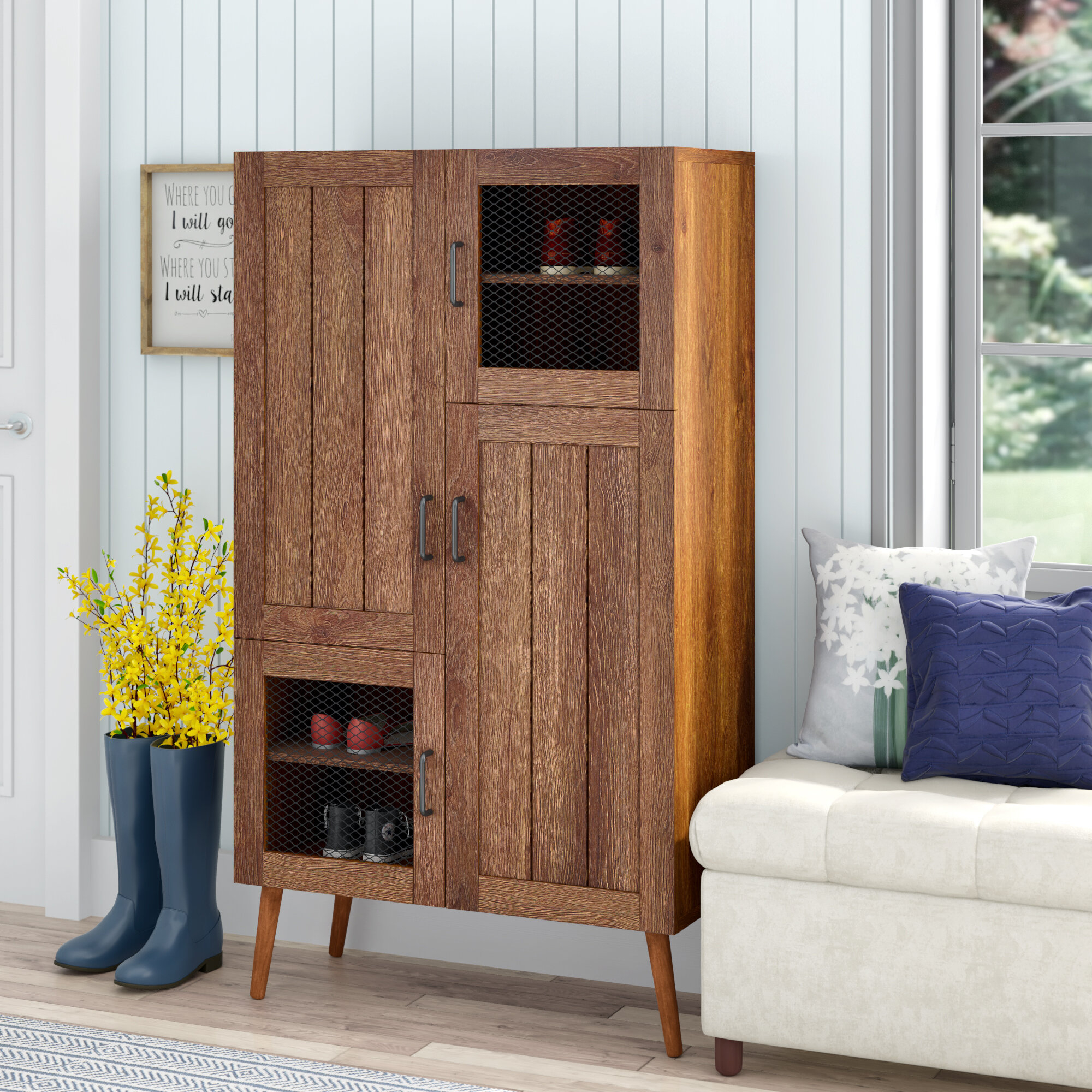 Distressed Walnut Manufactured Wood Shoe Storage Cabinet